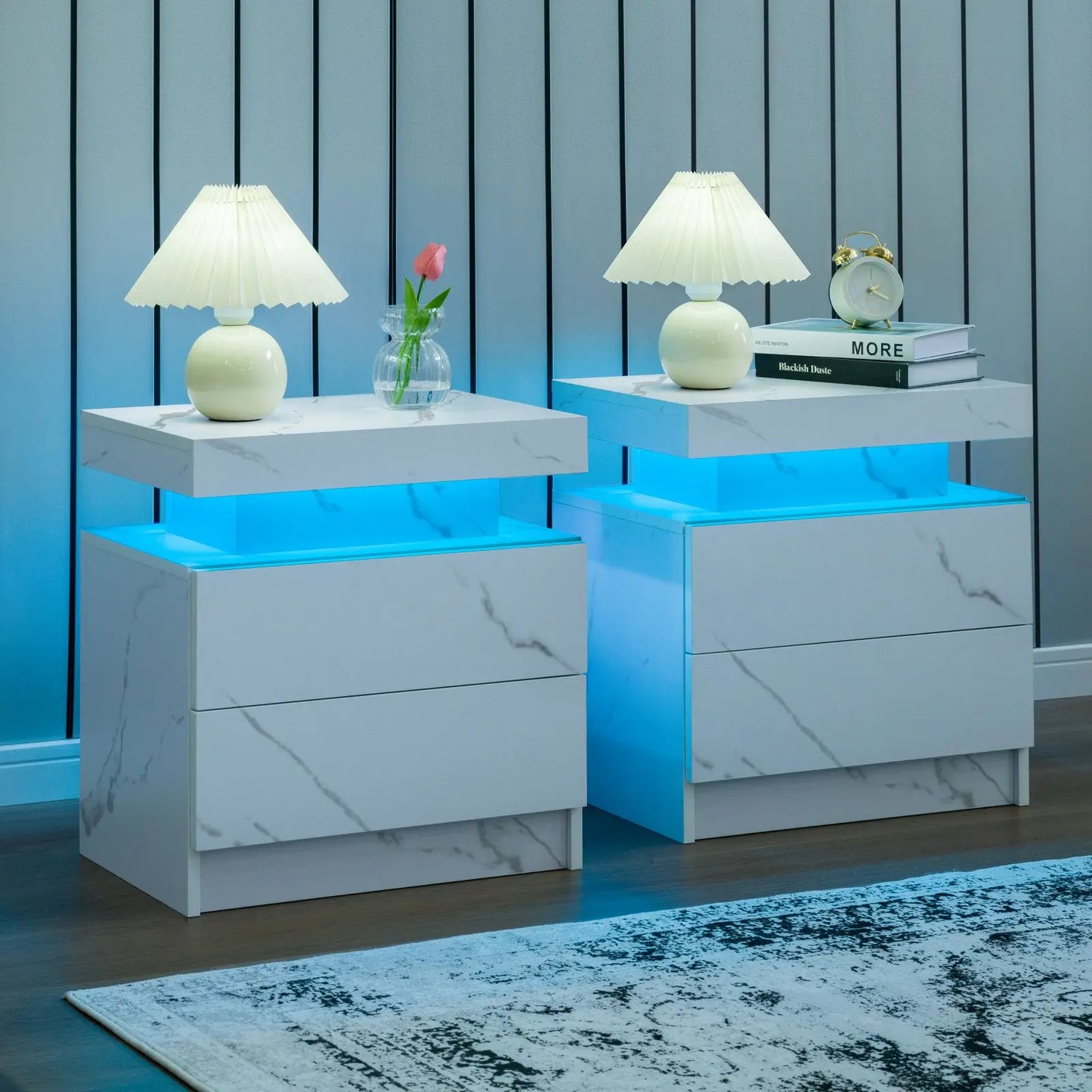 Cubehom Nightstand Set of 2 LED Nightstand with 2 Drawers,Night Stand with LED Light,Bedside Table with Drawers for Bedroom