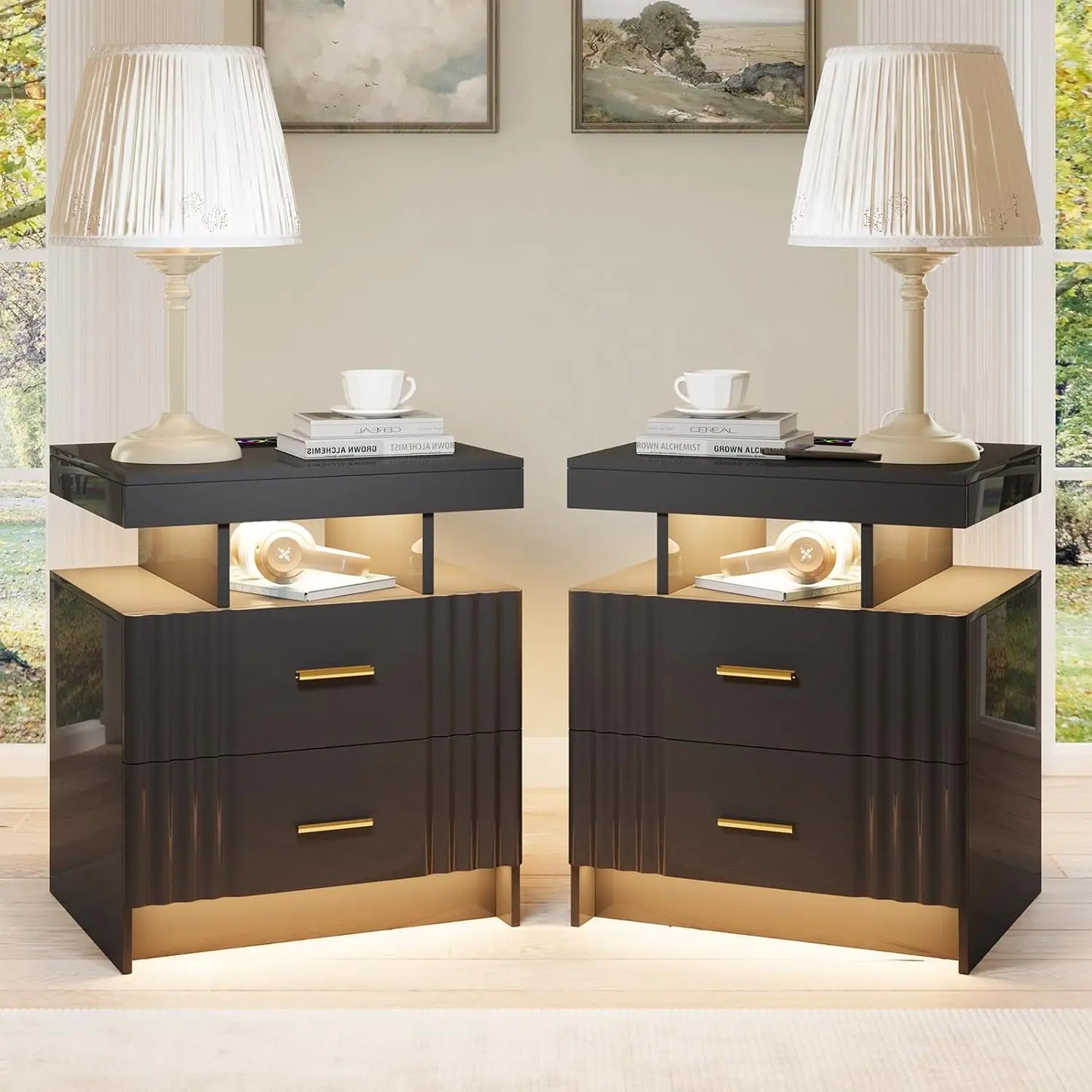 Black Night Stand Set 2 Modern Bedside Tables with Wireless Charging 3 Drawers Glass Top Smart Customized End Side Table