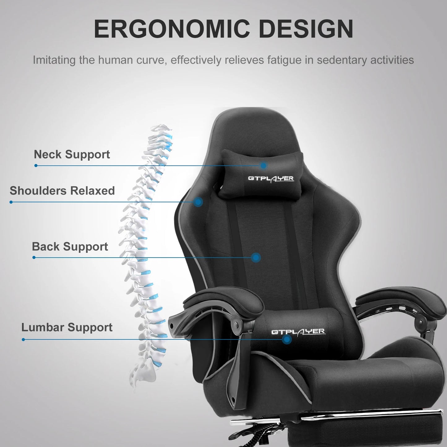 GTPLAYER Gaming Chair with Footrest, Lumbar Support, Adjustable Height, Swivel, Headrest for Office/Gaming