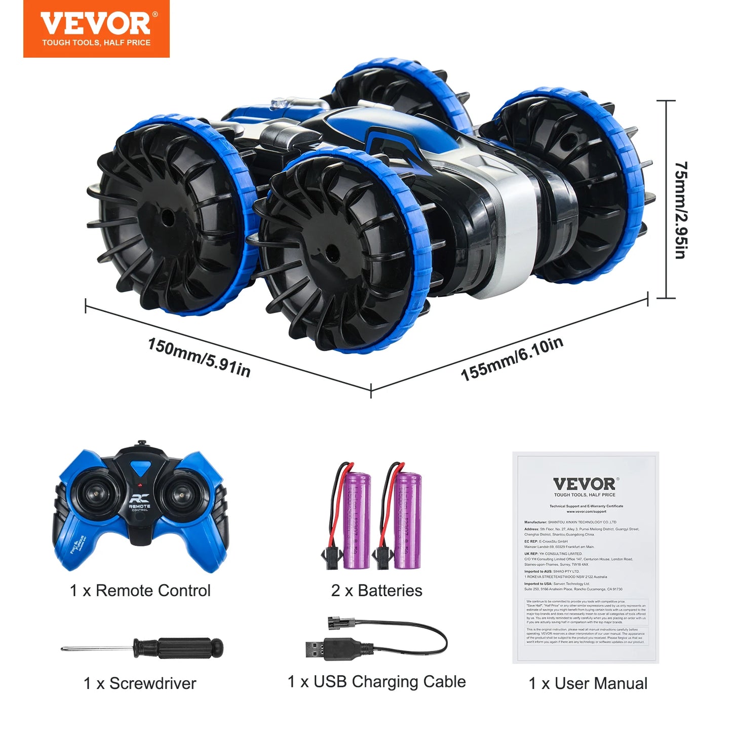 SucceBuy Blue/Yellow Amphibious RC Car Boat 2.4GHz 12 km/h Electric Remote Control 360° Rotating Stunt Car Water Beach Pool Toys