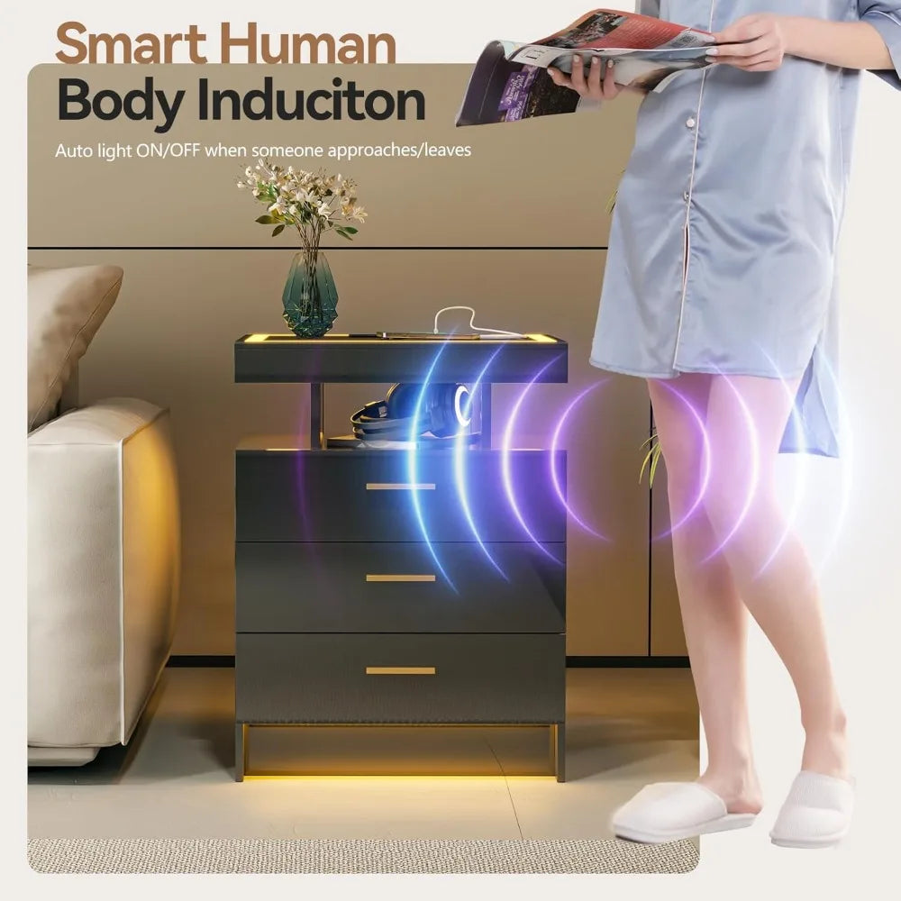 Black Night Stand Set 2 Modern Bedside Tables with Wireless Charging 3 Drawers Glass Top Smart Customized End Side Table