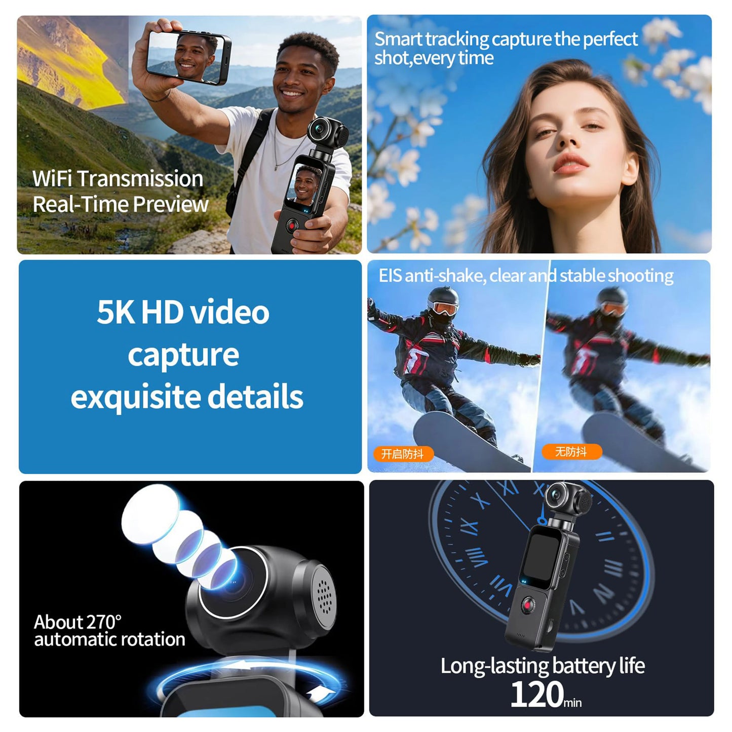 5K HD Handheld Camera 270° Rotation Lens Touchscreen Action Camera Anti-shake Autofocus Vlogging Camcorder for Travel Blogging