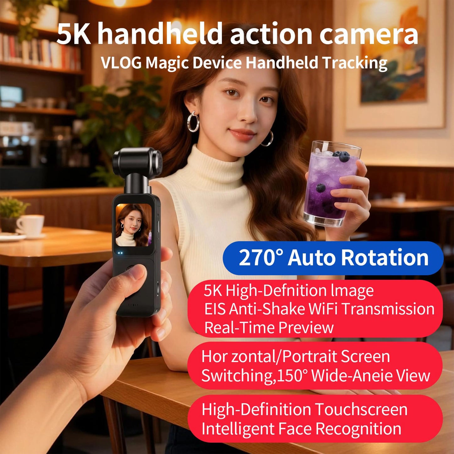 5K HD Handheld Camera 270° Rotation Lens Touchscreen Action Camera Anti-shake Autofocus Vlogging Camcorder for Travel Blogging