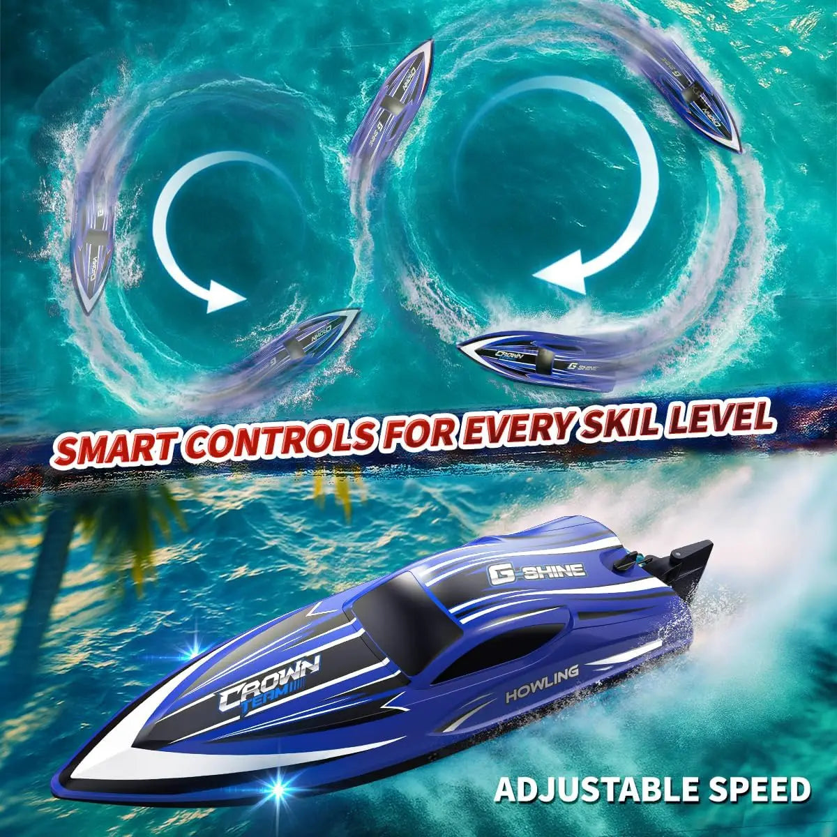 High-Speed 35KM/H Waterproof RC Boat with 2.4GHz Remote Control, Automatic Flip, LED Lights, Water Cooling, Low Battery & Out-of-Range Alarm, 2 Batteries, for Kids & Adults, Pool & Lake Racing