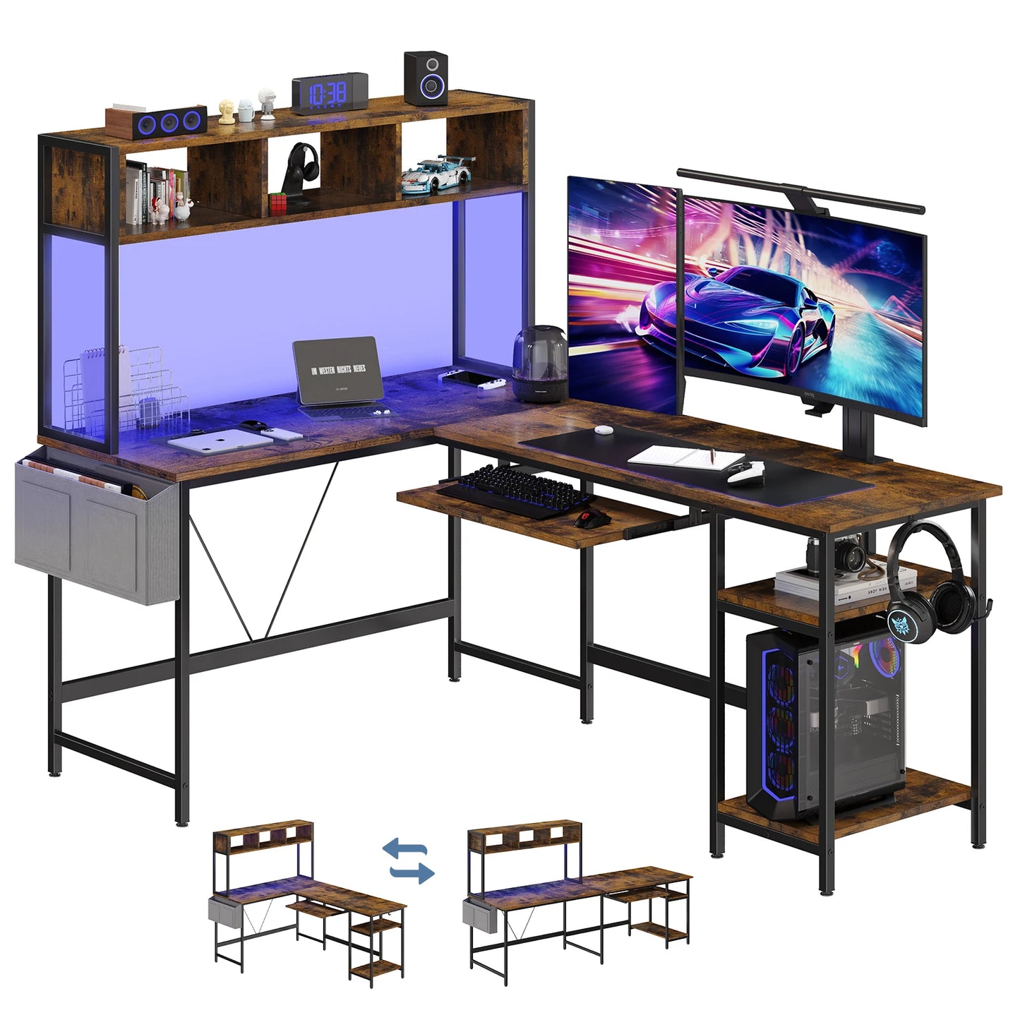 JHK 67" L Shaped Gaming Desk Corner Desks for Compact Spaces with Keyboard Tray Storage Shelf Reversible Computer Desk with LED Lighting Metal Frame PC Gaming Table for Home Office