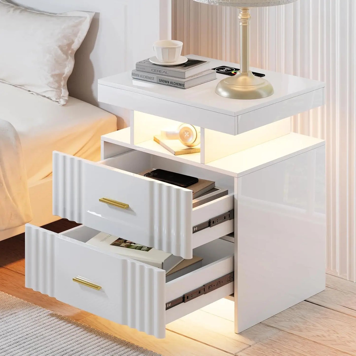 Black Night Stand Set 2 Modern Bedside Tables with Wireless Charging 3 Drawers Glass Top Smart Customized End Side Table