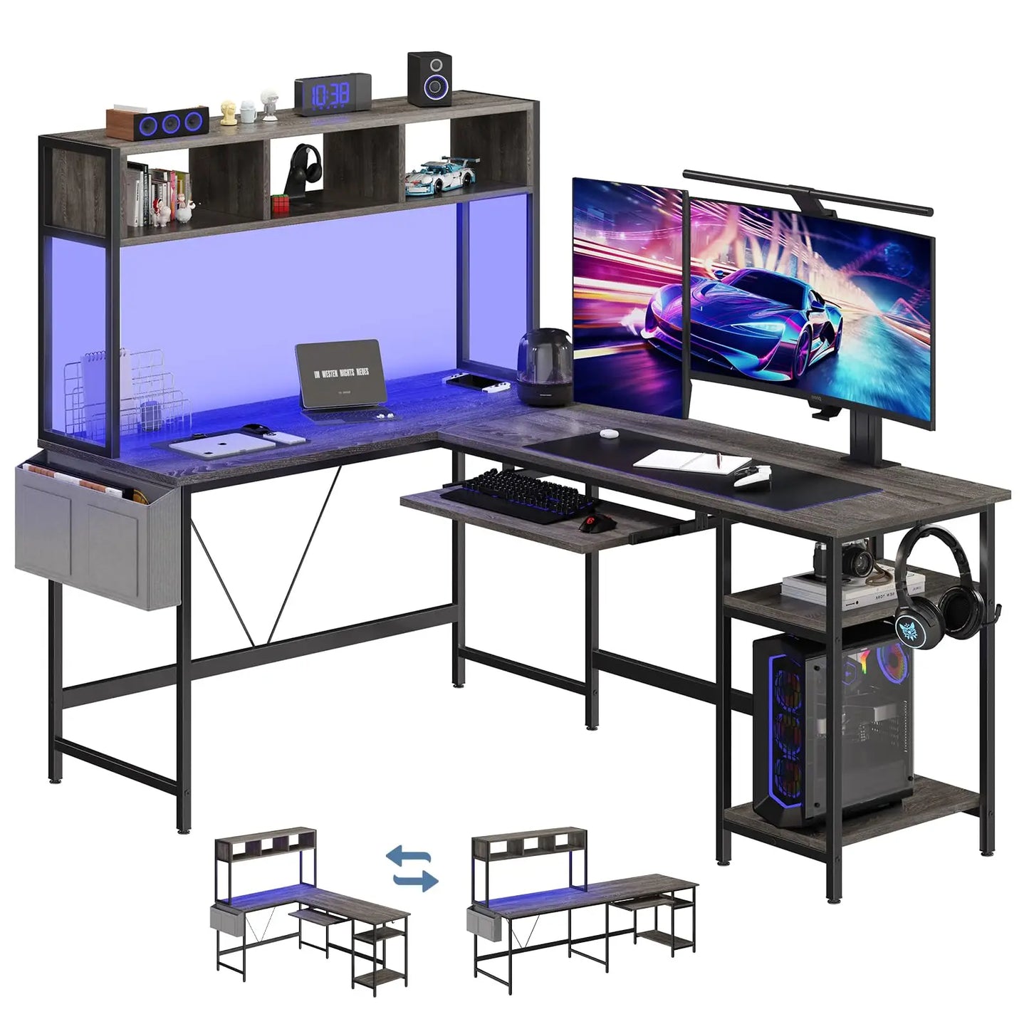 JHK 67" L Shaped Gaming Desk Corner Desks for Compact Spaces with Keyboard Tray Storage Shelf Reversible Computer Desk with LED Lighting Metal Frame PC Gaming Table for Home Office