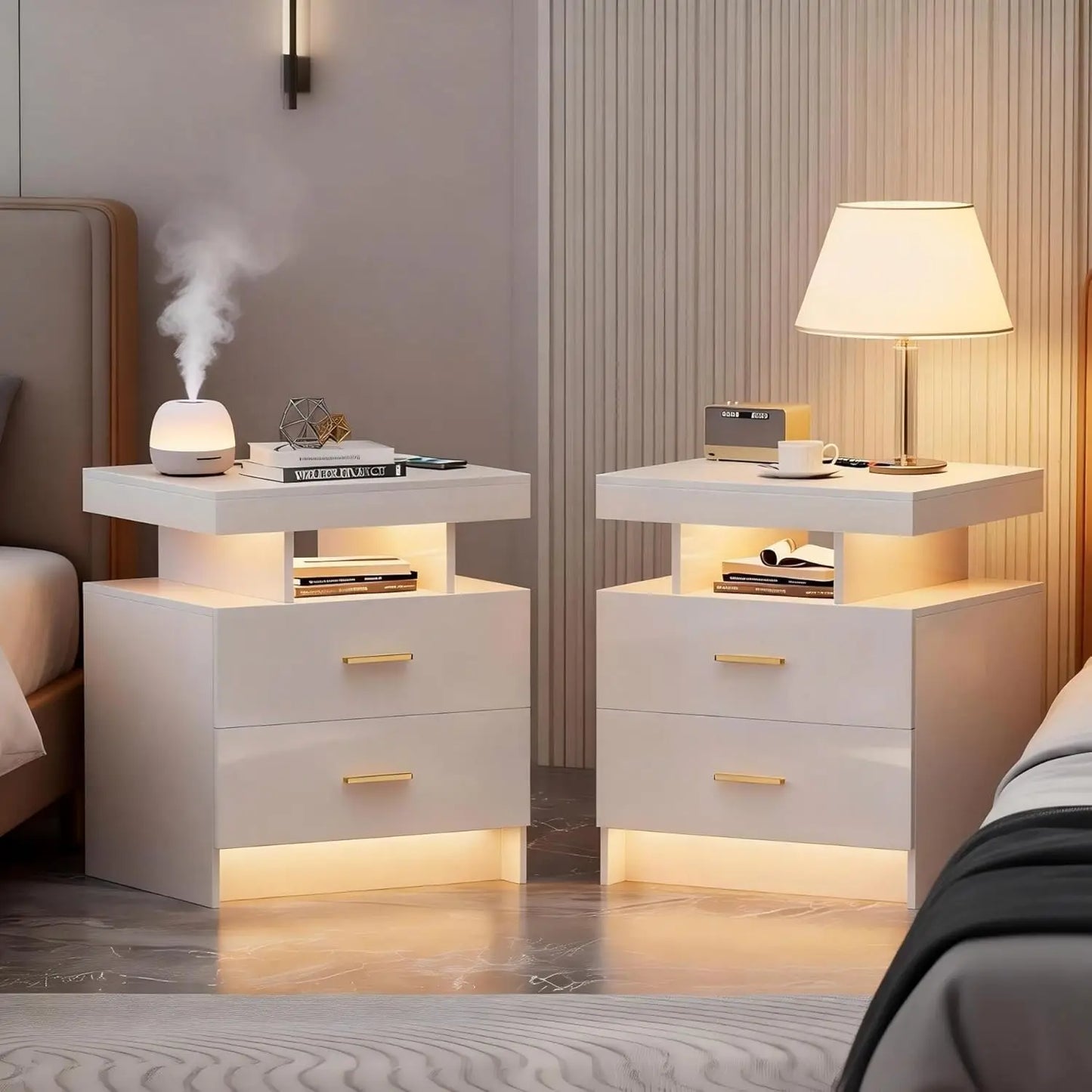 Black Night Stand Set 2 Modern Bedside Tables with Wireless Charging 3 Drawers Glass Top Smart Customized End Side Table