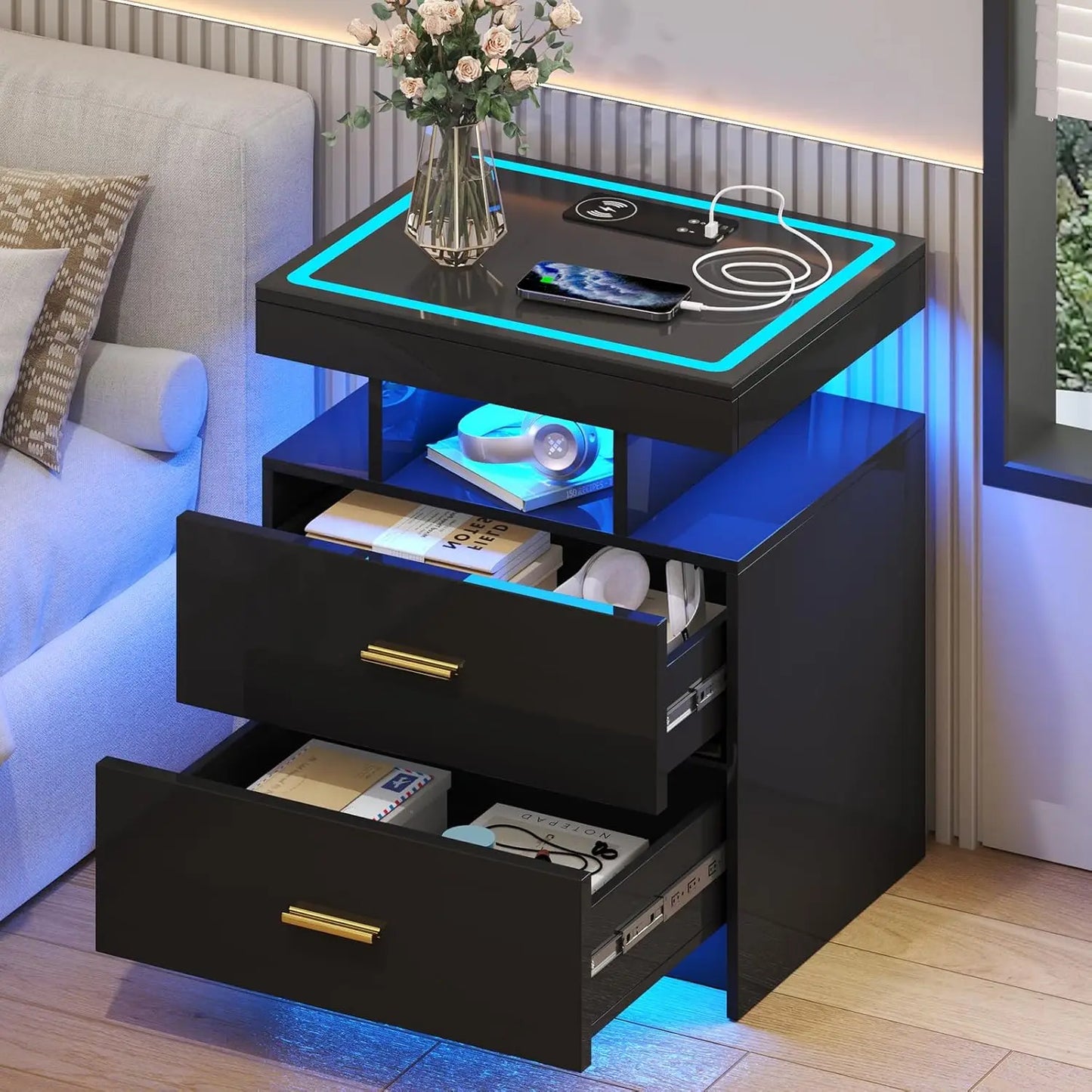 Black Night Stand Set 2 Modern Bedside Tables with Wireless Charging 3 Drawers Glass Top Smart Customized End Side Table
