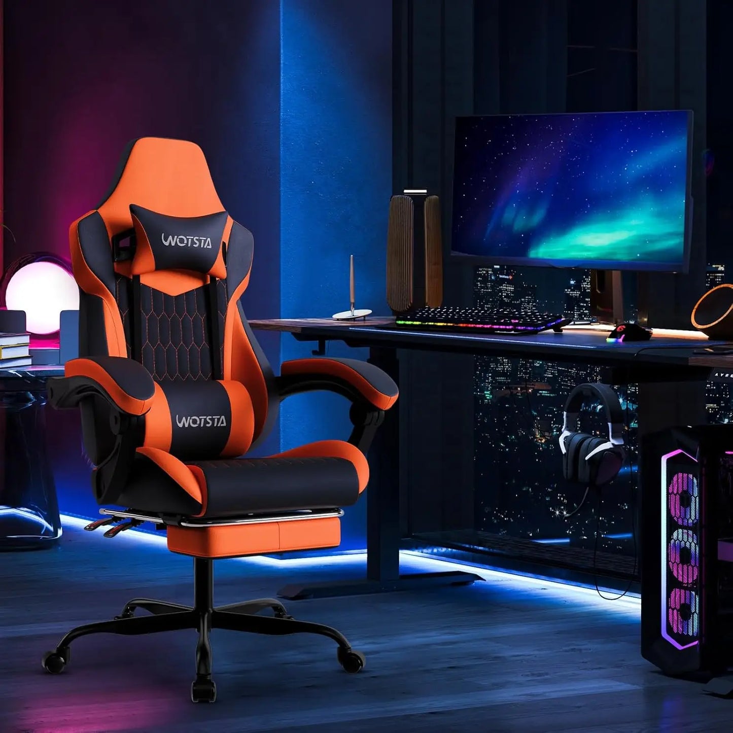 Gaming Chair with Footrest, High Back Gaming Chairs PVC Leather Ergonomic Gamer Chair with Adjustable Headrest, Customized