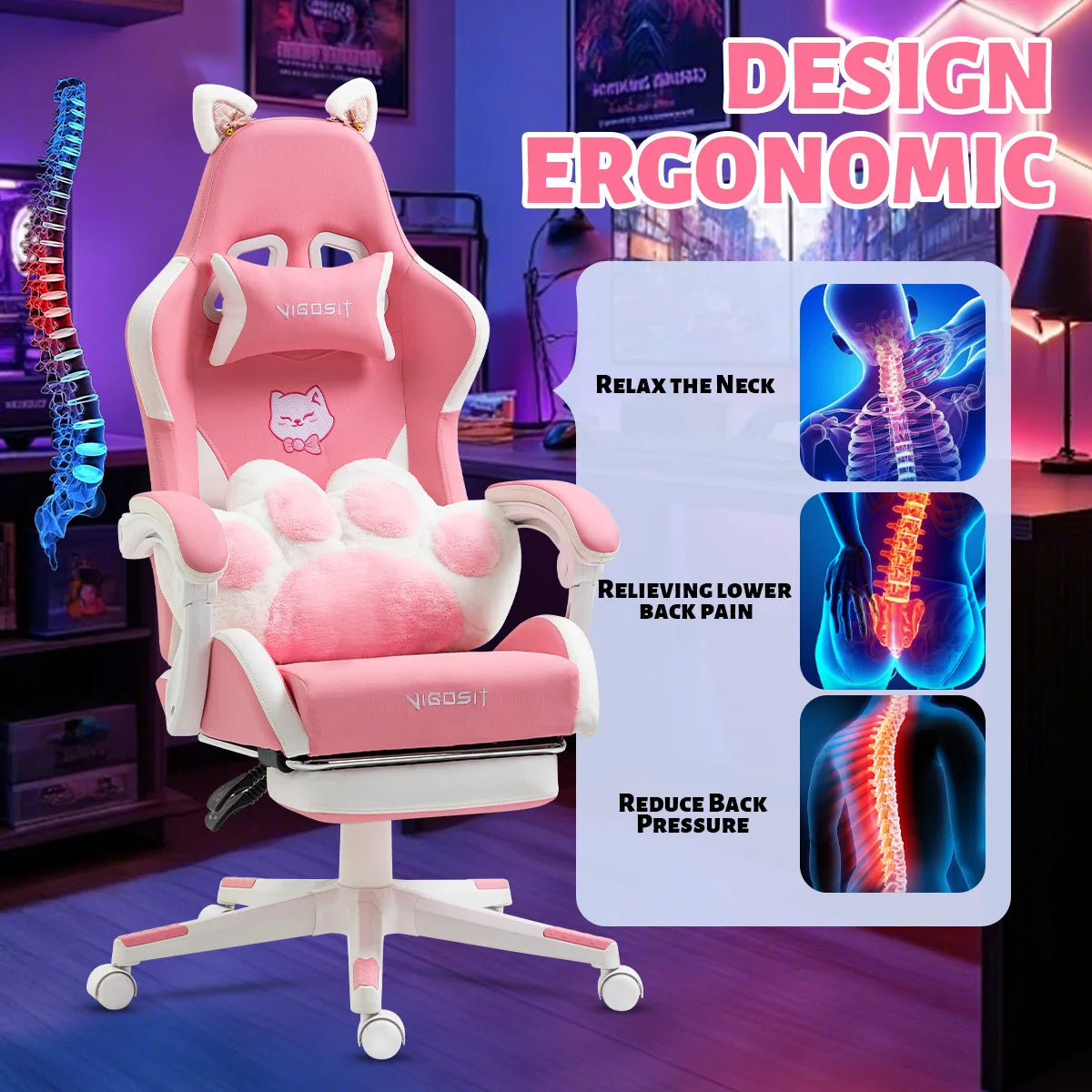 VIGOSIT Ergonomic Computer Chair with Footrest and Headrest,Gaming Chair Cute with Cat Ears and Massage Lumbar Support, Comfortable Reclining Game Chair 290lbs for Adult, Teen