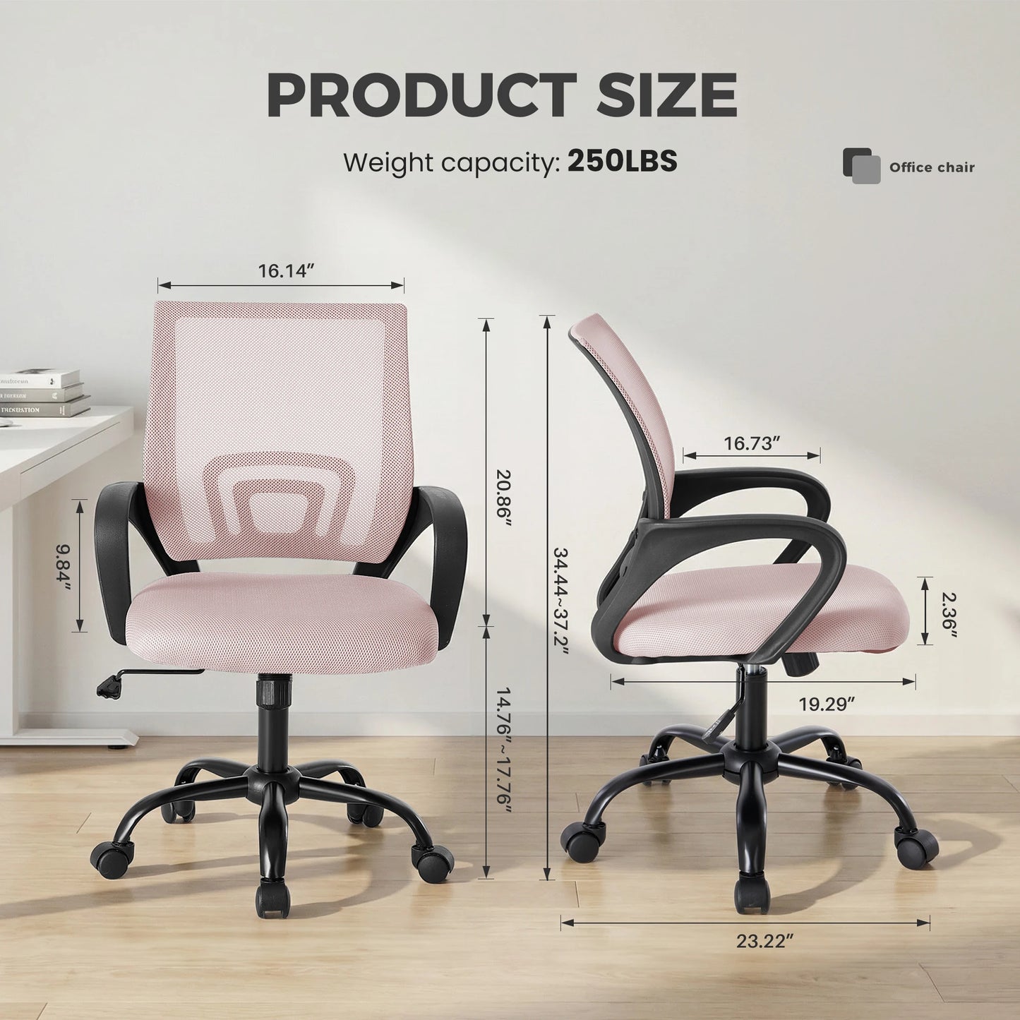 JHK Ergonomic Office Desk Gaming Chair Mid Back with Lumbar Support Rocking Mode Height Adjustable with Fixed Armrest For Office