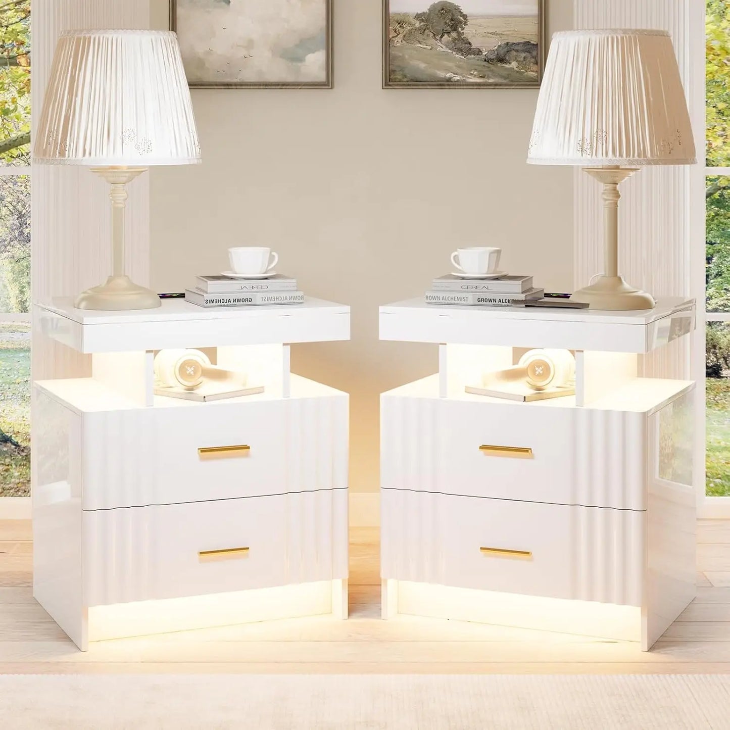 Black Night Stand Set 2 Modern Bedside Tables with Wireless Charging 3 Drawers Glass Top Smart Customized End Side Table