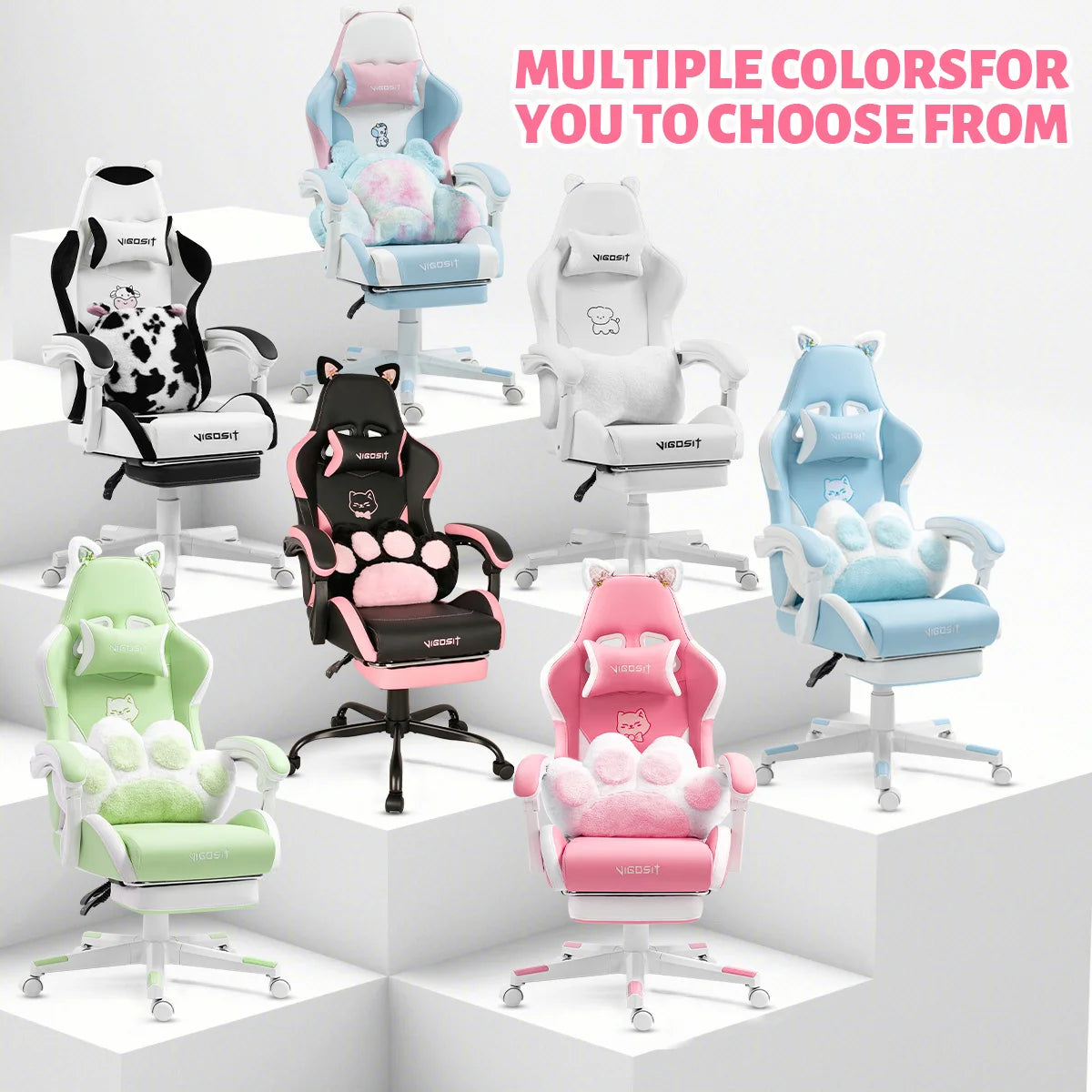 VIGOSIT Ergonomic Computer Chair with Footrest and Headrest,Gaming Chair Cute with Cat Ears and Massage Lumbar Support, Comfortable Reclining Game Chair 290lbs for Adult, Teen