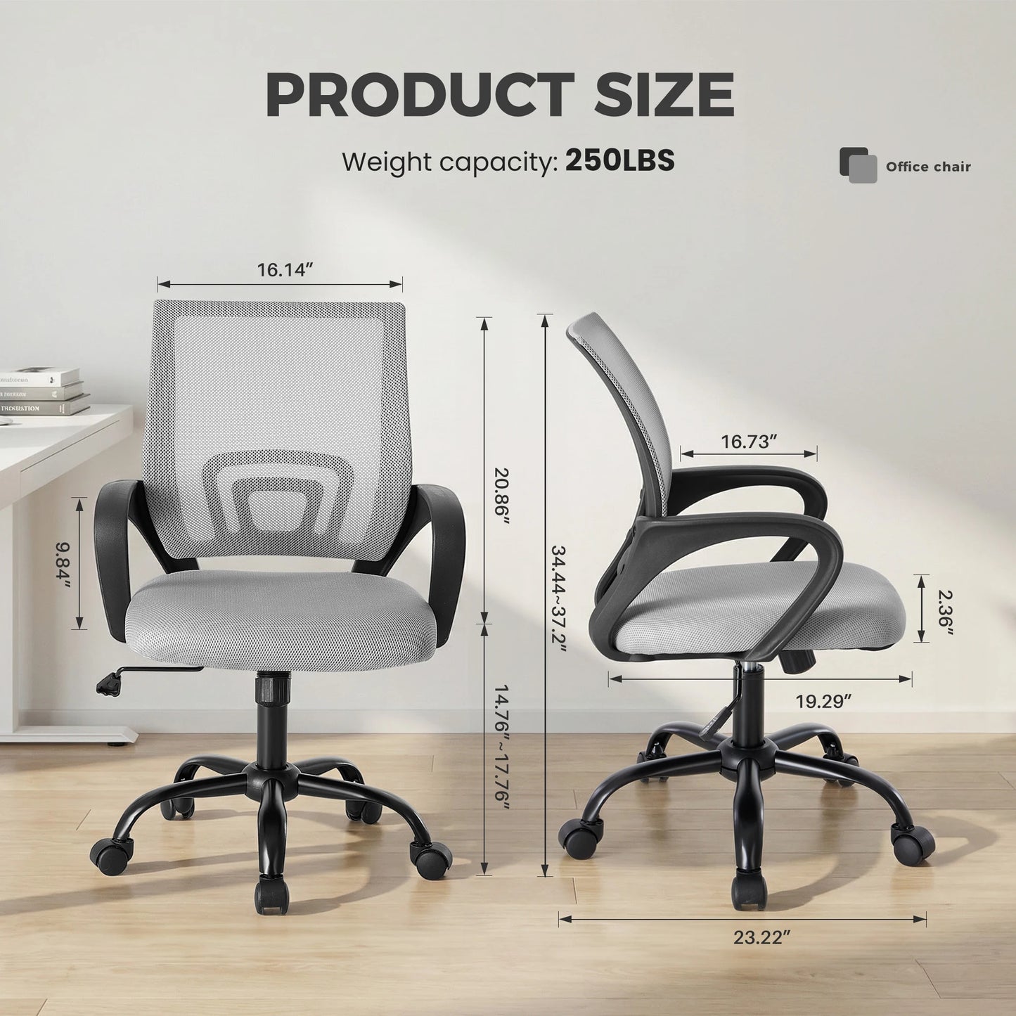JHK Ergonomic Office Desk Gaming Chair Mid Back with Lumbar Support Rocking Mode Height Adjustable with Fixed Armrest For Office