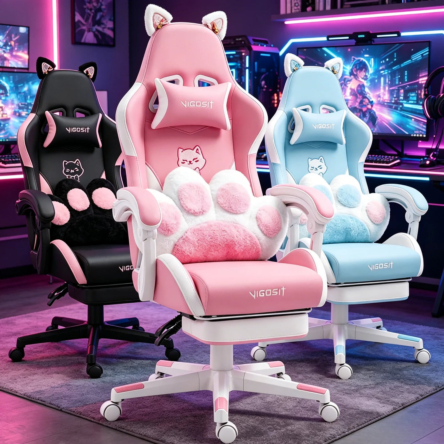 VIGOSIT Ergonomic Computer Chair with Footrest and Headrest,Gaming Chair Cute with Cat Ears and Massage Lumbar Support, Comfortable Reclining Game Chair 290lbs for Adult, Teen