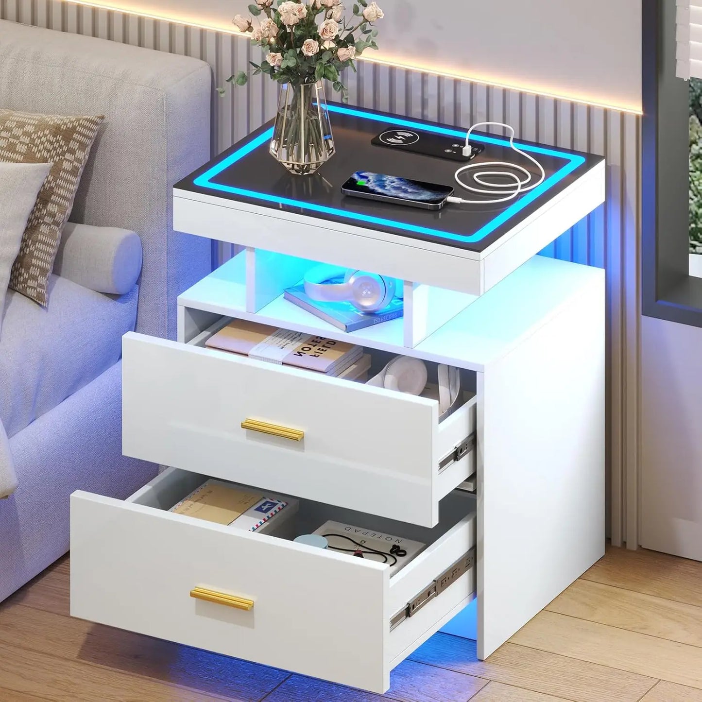 Black Night Stand Set 2 Modern Bedside Tables with Wireless Charging 3 Drawers Glass Top Smart Customized End Side Table