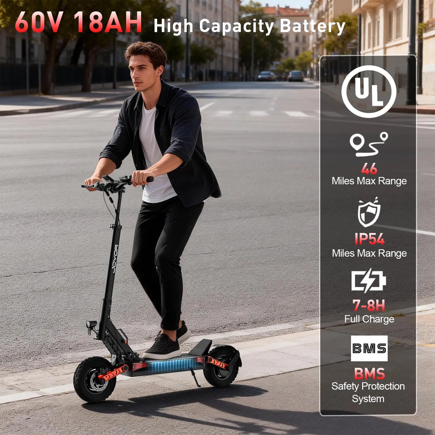 JOYOR Dual Motors S10-S-Z Electric Scooter 2400W Peak 60V18Ah Battery 18650 Battery Cell 45 Miles Range 37 MPH 10" OffRoad Tires Dual Elastomer Suspension Hydraulic Disc Brakes Aluminum Alloy Frame Wide Footrest Easy Storage