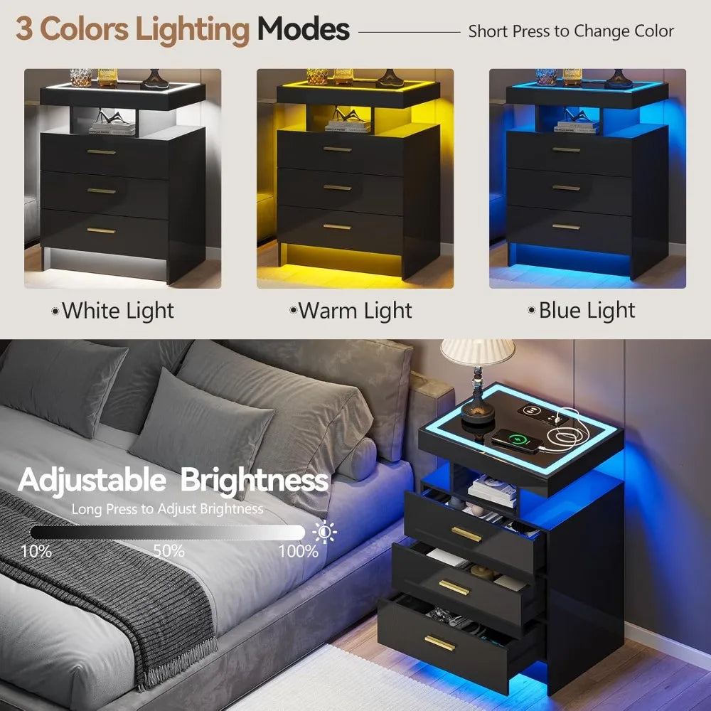 Black Night Stand Set 2 Modern Bedside Tables with Wireless Charging 3 Drawers Glass Top Smart Customized End Side Table