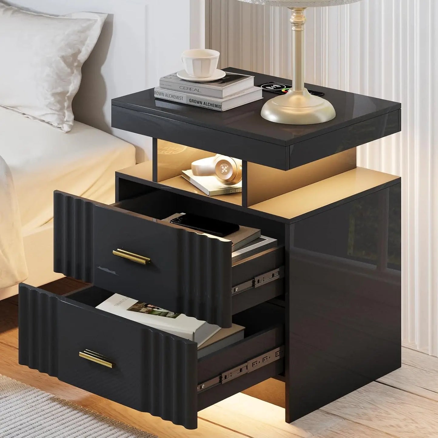 Black Night Stand Set 2 Modern Bedside Tables with Wireless Charging 3 Drawers Glass Top Smart Customized End Side Table