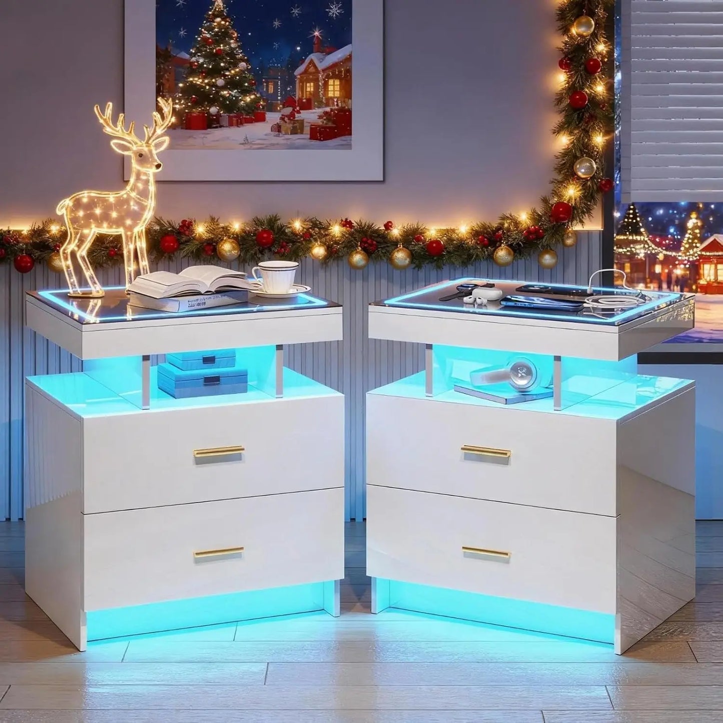 Black Night Stand Set 2 Modern Bedside Tables with Wireless Charging 3 Drawers Glass Top Smart Customized End Side Table