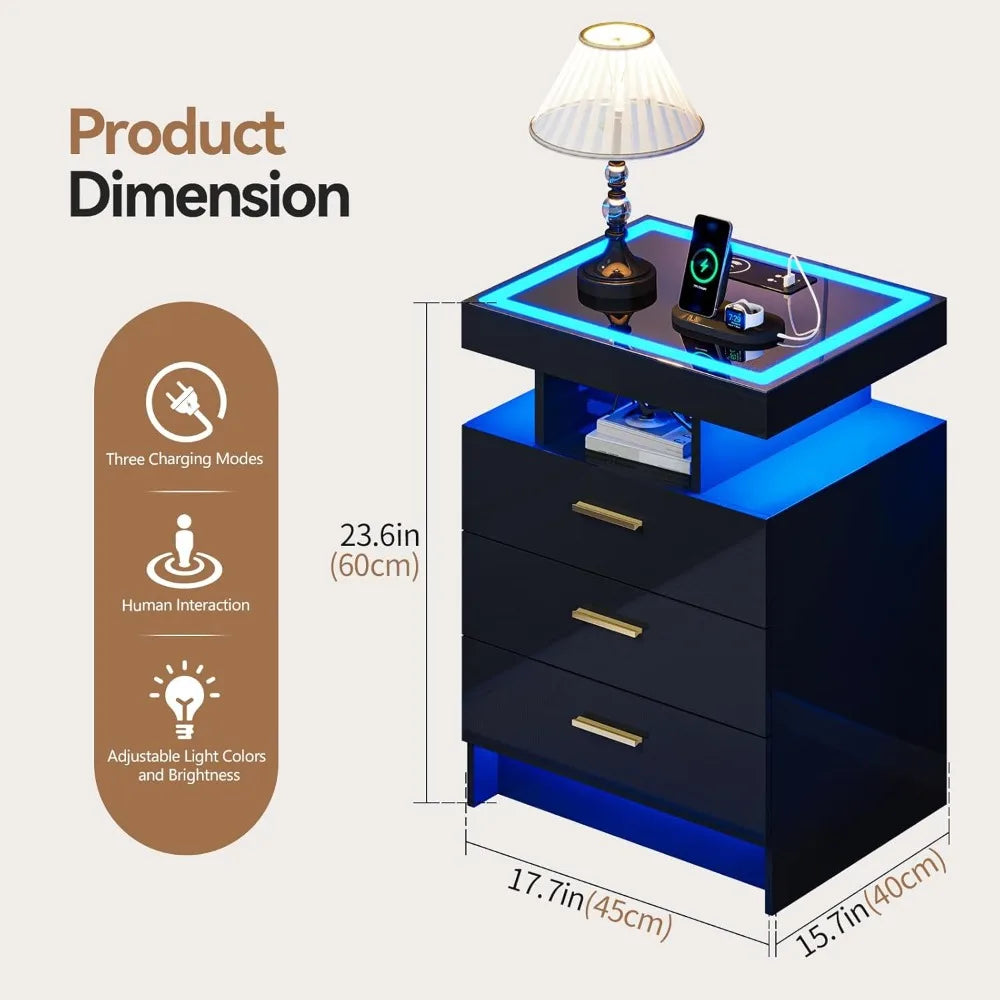 Black Night Stand Set 2 Modern Bedside Tables with Wireless Charging 3 Drawers Glass Top Smart Customized End Side Table