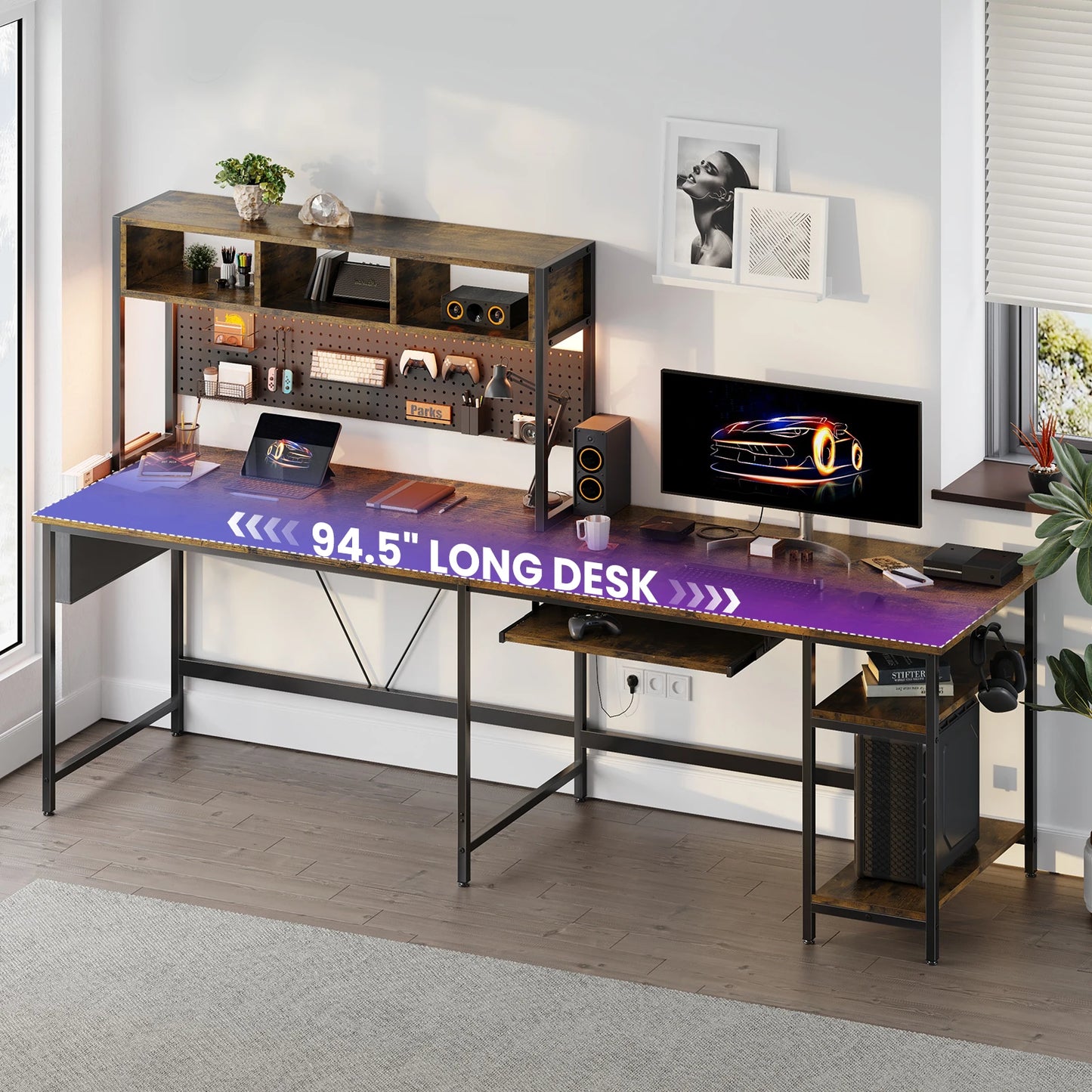 JHK 67" L Shaped Gaming Desk Corner Desks for Compact Spaces with Keyboard Tray Storage Shelf Reversible Computer Desk with LED Lighting Metal Frame PC Gaming Table for Home Office