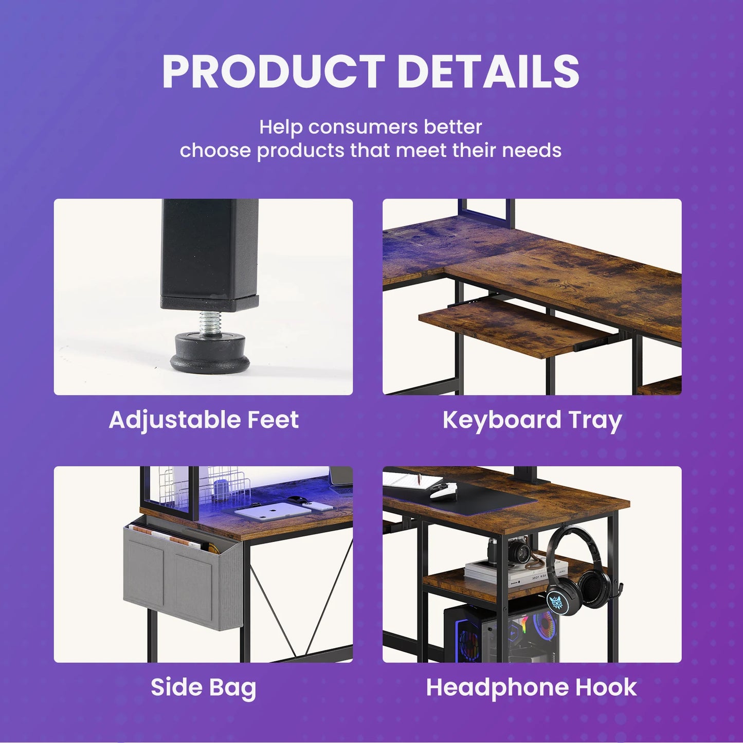 JHK 67" L Shaped Gaming Desk Corner Desks for Compact Spaces with Keyboard Tray Storage Shelf Reversible Computer Desk with LED Lighting Metal Frame PC Gaming Table for Home Office