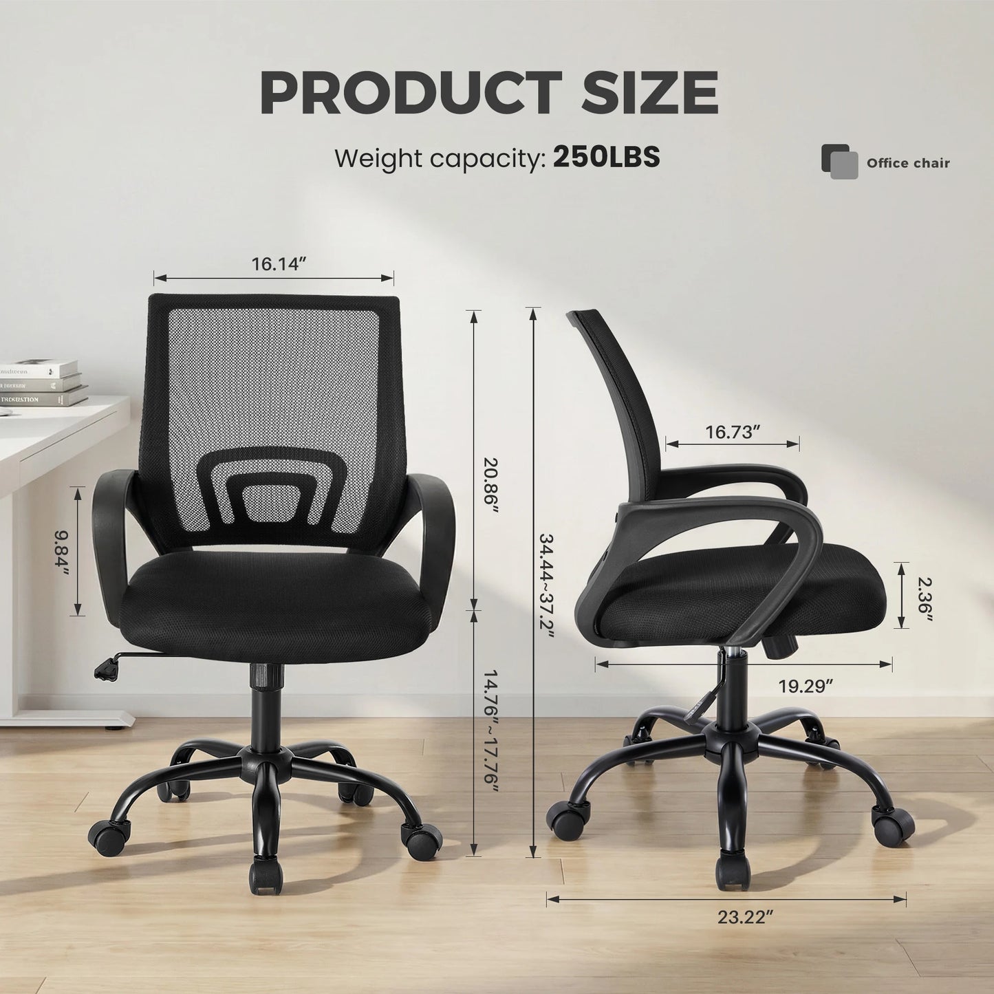 JHK Ergonomic Office Desk Gaming Chair Mid Back with Lumbar Support Rocking Mode Height Adjustable with Fixed Armrest For Office