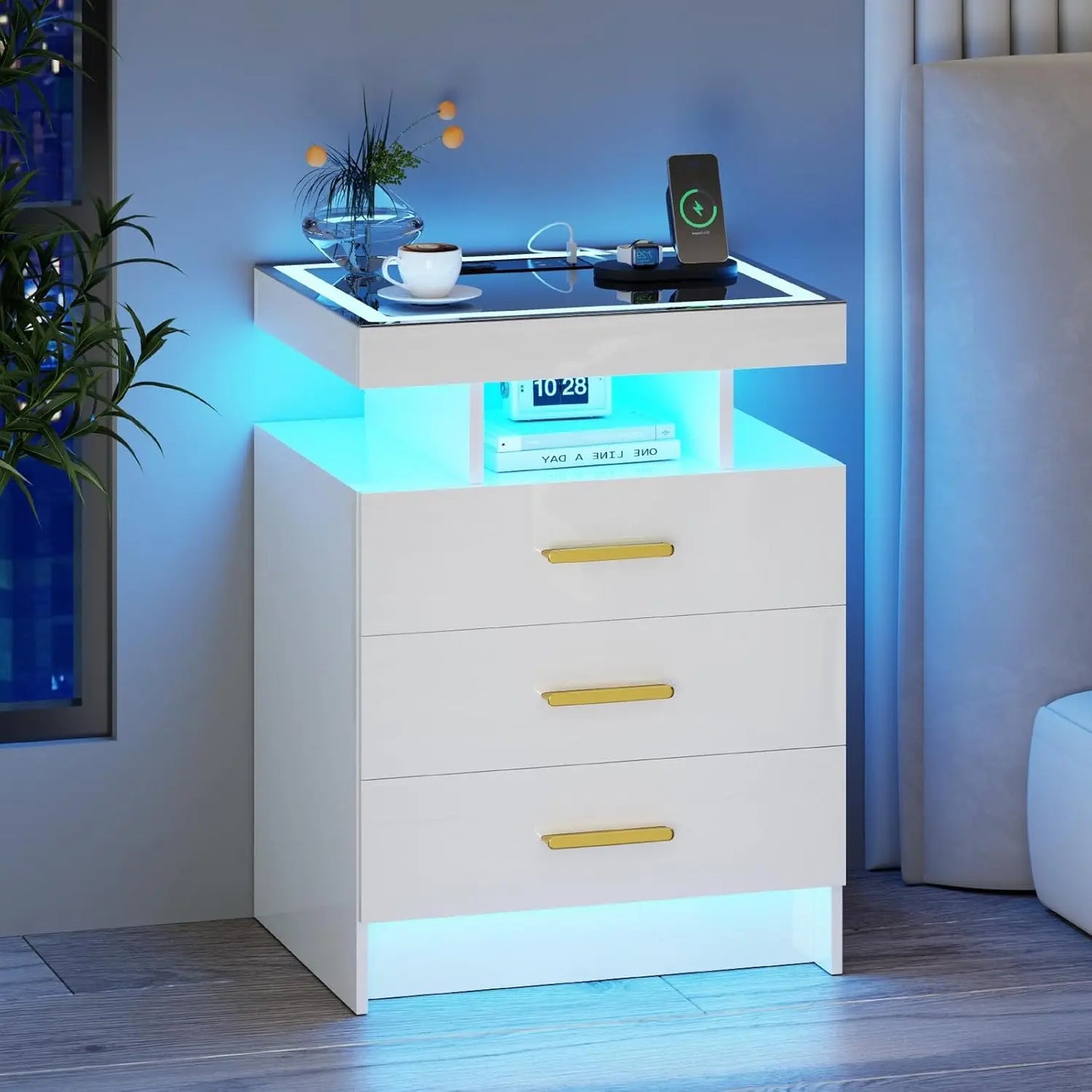 Black Night Stand Set 2 Modern Bedside Tables with Wireless Charging 3 Drawers Glass Top Smart Customized End Side Table