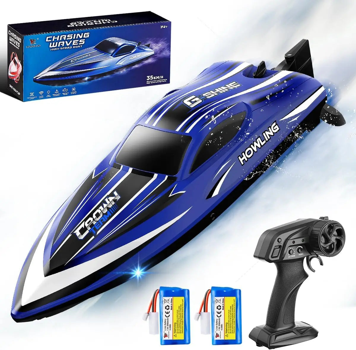 High-Speed 35KM/H Waterproof RC Boat with 2.4GHz Remote Control, Automatic Flip, LED Lights, Water Cooling, Low Battery & Out-of-Range Alarm, 2 Batteries, for Kids & Adults, Pool & Lake Racing
