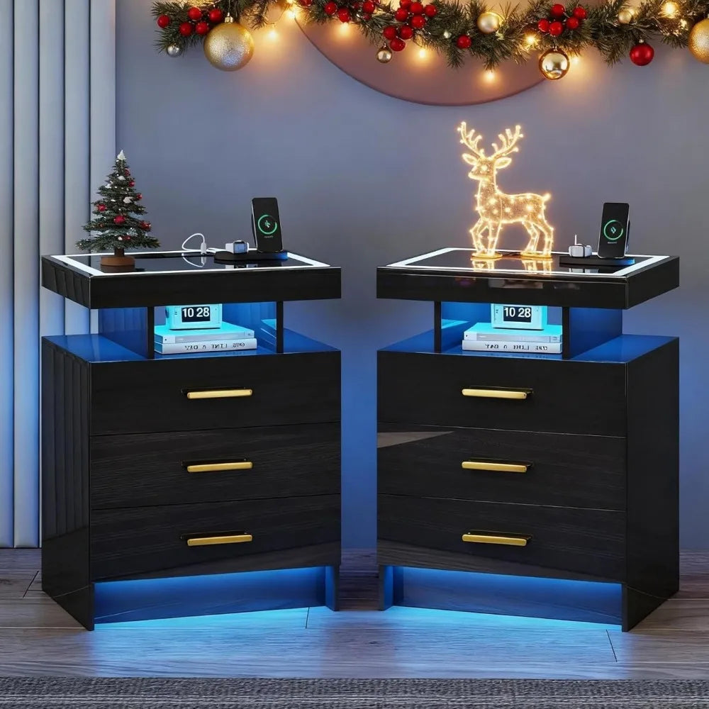 Black Night Stand Set 2 Modern Bedside Tables with Wireless Charging 3 Drawers Glass Top Smart Customized End Side Table