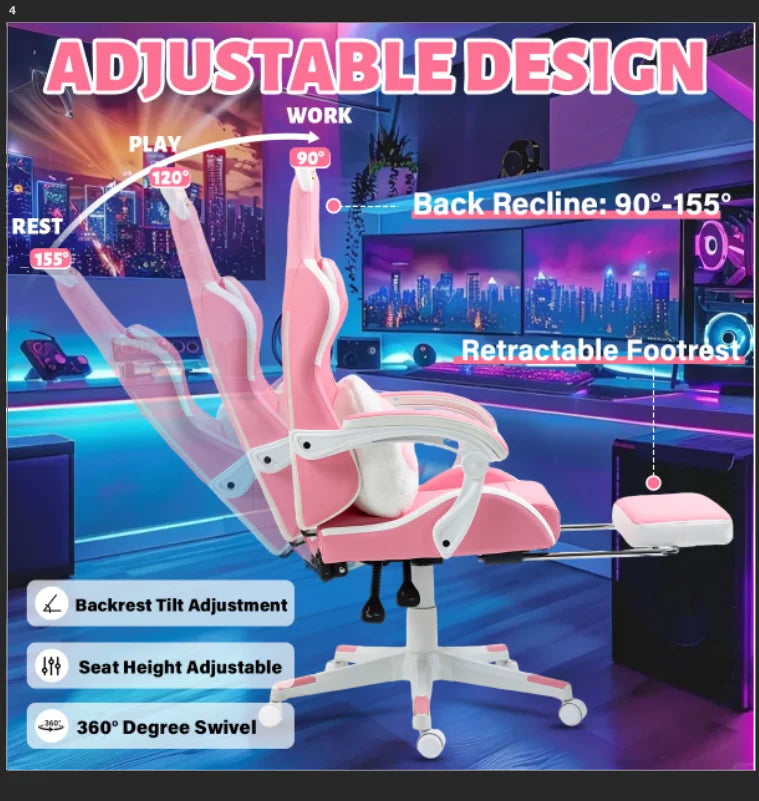 VIGOSIT Ergonomic Computer Chair with Footrest and Headrest,Gaming Chair Cute with Cat Ears and Massage Lumbar Support, Comfortable Reclining Game Chair 290lbs for Adult, Teen