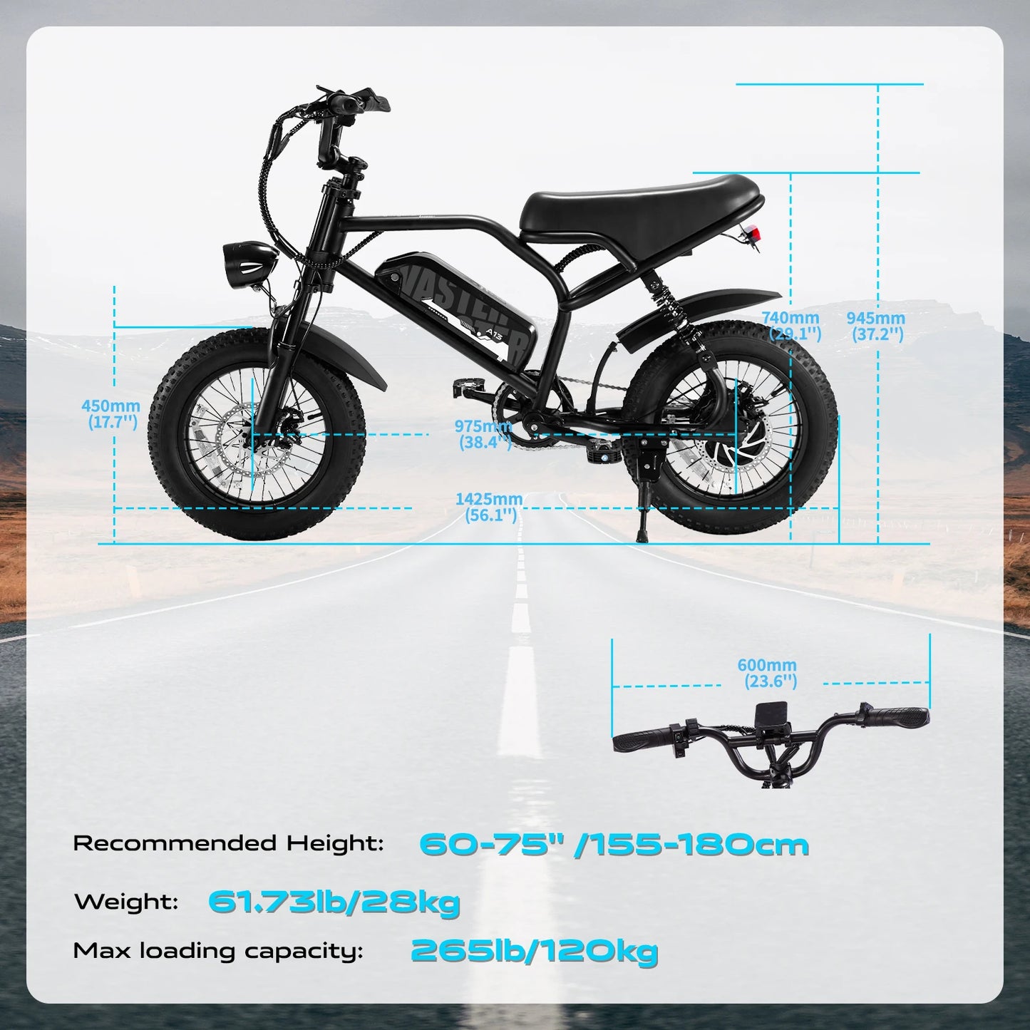 VDL Mountain Electric Bike , 16" Fat Tire Ebike, Wider Seat 250W Peak Motor, Removable Battery, Front Fork Suspension