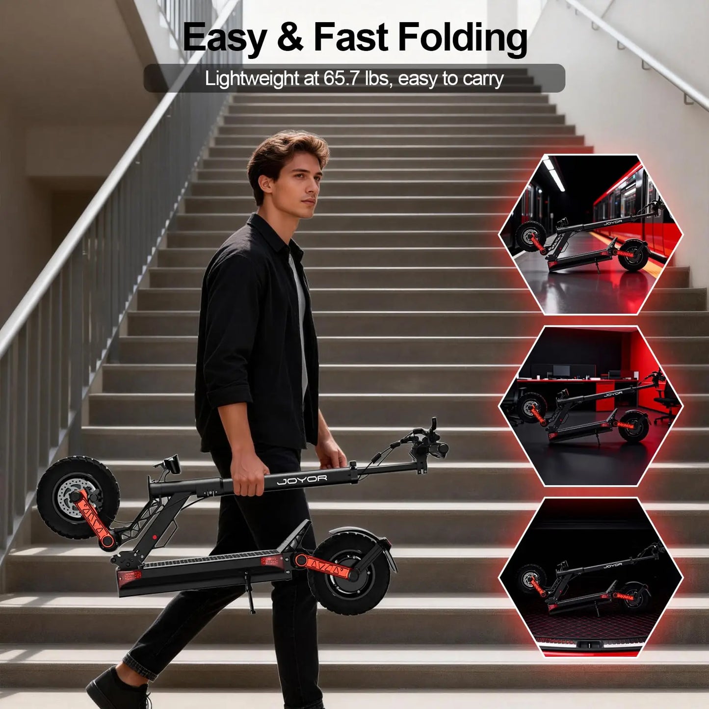 JOYOR Dual Motors S10-S-Z Electric Scooter 2400W Peak 60V18Ah Battery 18650 Battery Cell 45 Miles Range 37 MPH 10" OffRoad Tires Dual Elastomer Suspension Hydraulic Disc Brakes Aluminum Alloy Frame Wide Footrest Easy Storage