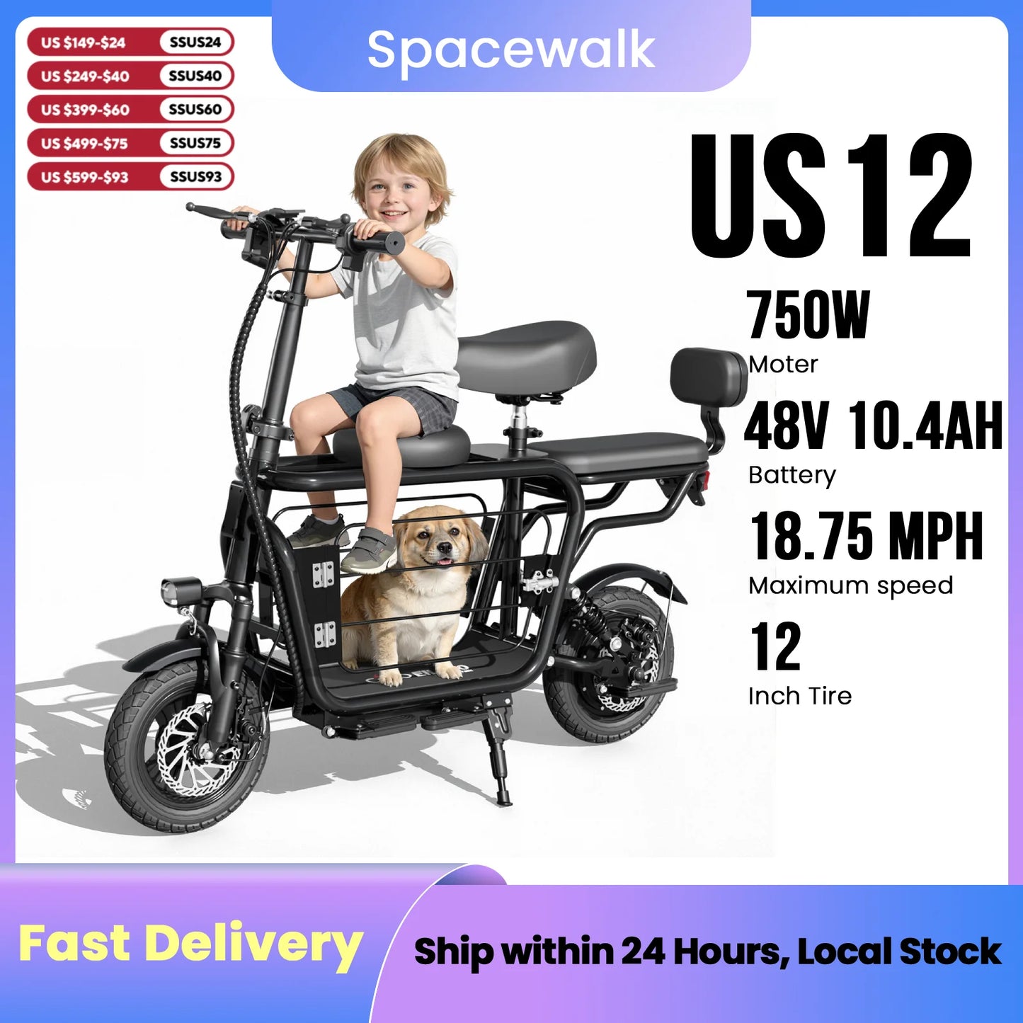 Eilleo Spacewalk 48V Electric Scooter for Adults with Large Pet Basket 750W Motor,18.75MPH Foldable Commuter E-Scooter with Seat