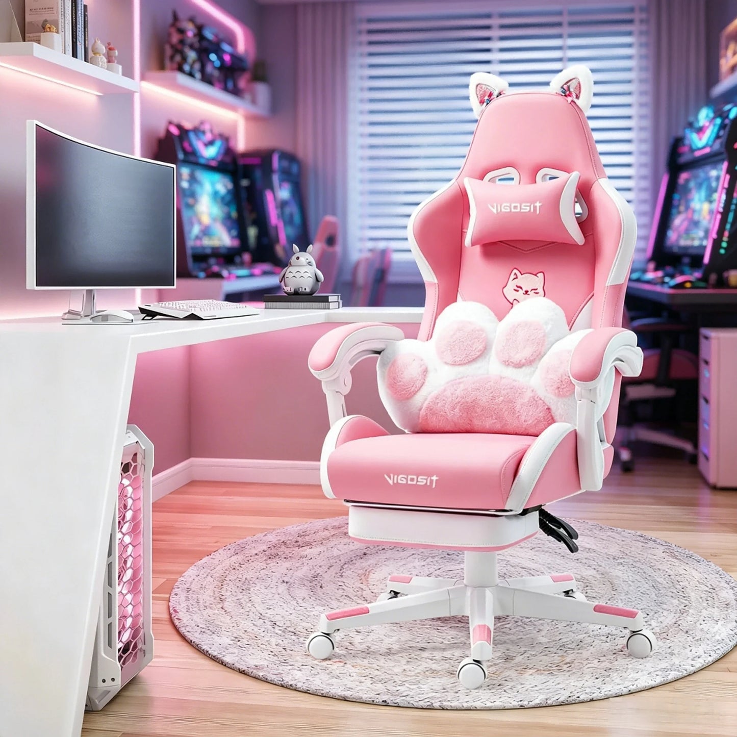 VIGOSIT Ergonomic Computer Chair with Footrest and Headrest,Gaming Chair Cute with Cat Ears and Massage Lumbar Support, Comfortable Reclining Game Chair 290lbs for Adult, Teen
