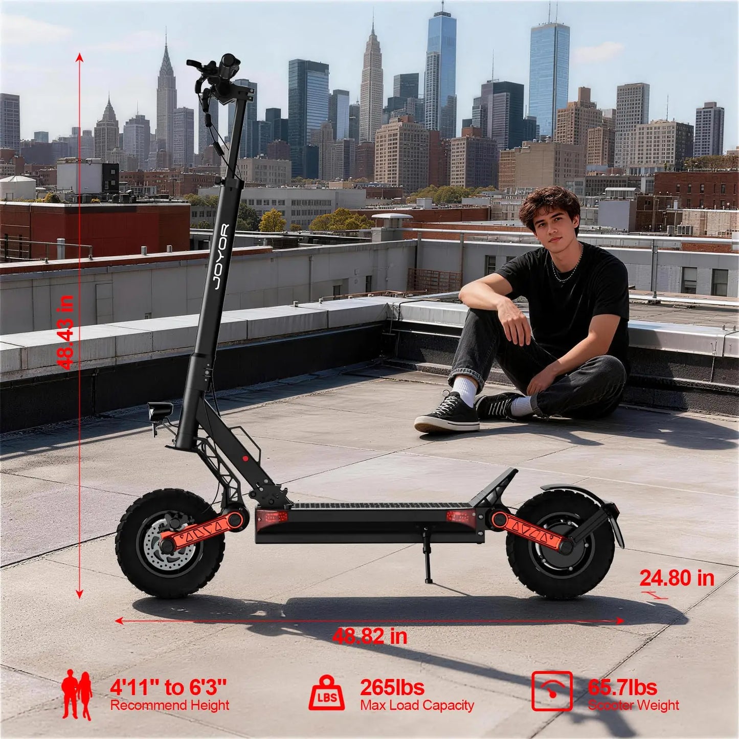 JOYOR Dual Motors S10-S-Z Electric Scooter 2400W Peak 60V18Ah Battery 18650 Battery Cell 45 Miles Range 37 MPH 10" OffRoad Tires Dual Elastomer Suspension Hydraulic Disc Brakes Aluminum Alloy Frame Wide Footrest Easy Storage