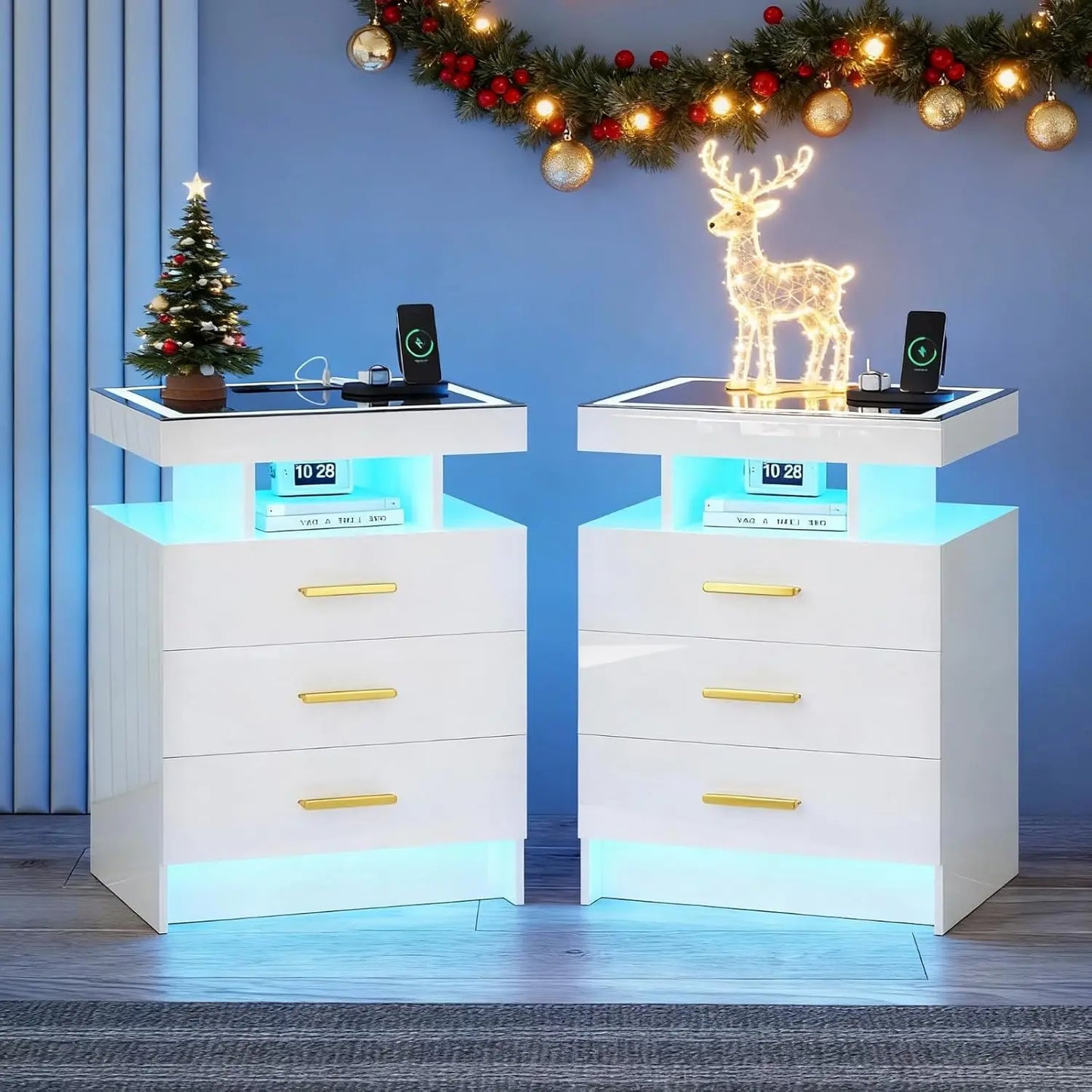 Black Night Stand Set 2 Modern Bedside Tables with Wireless Charging 3 Drawers Glass Top Smart Customized End Side Table
