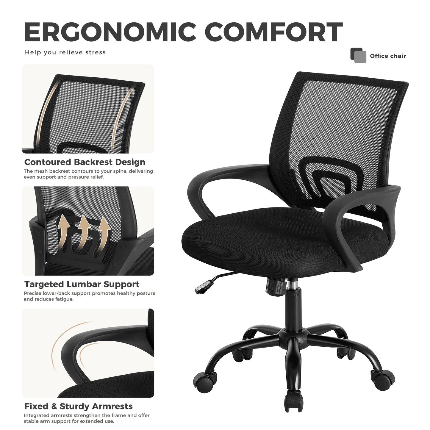 JHK Ergonomic Office Desk Gaming Chair Mid Back with Lumbar Support Rocking Mode Height Adjustable with Fixed Armrest For Office