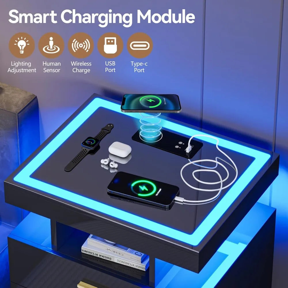 Black Night Stand Set 2 Modern Bedside Tables with Wireless Charging 3 Drawers Glass Top Smart Customized End Side Table