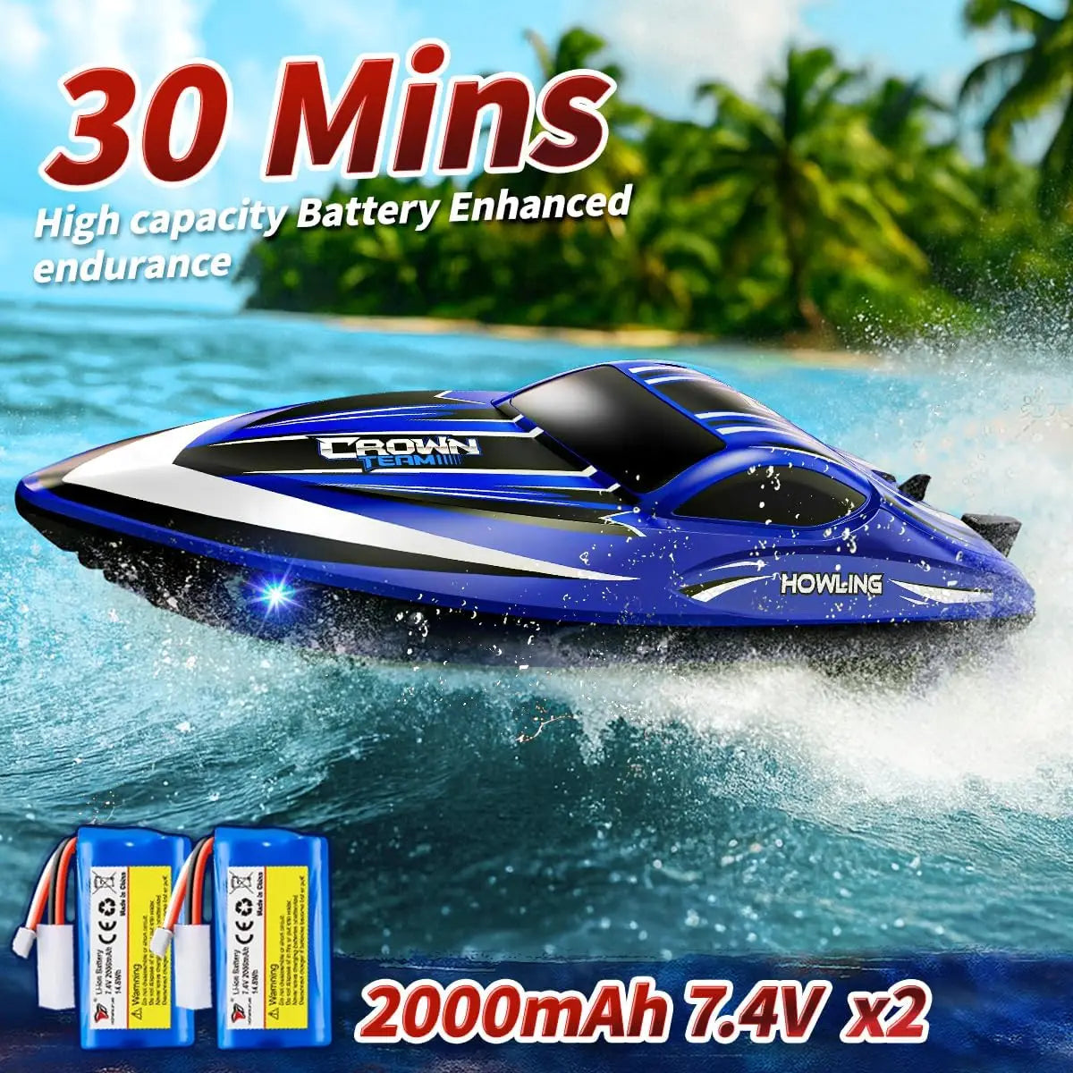 High-Speed 35KM/H Waterproof RC Boat with 2.4GHz Remote Control, Automatic Flip, LED Lights, Water Cooling, Low Battery & Out-of-Range Alarm, 2 Batteries, for Kids & Adults, Pool & Lake Racing