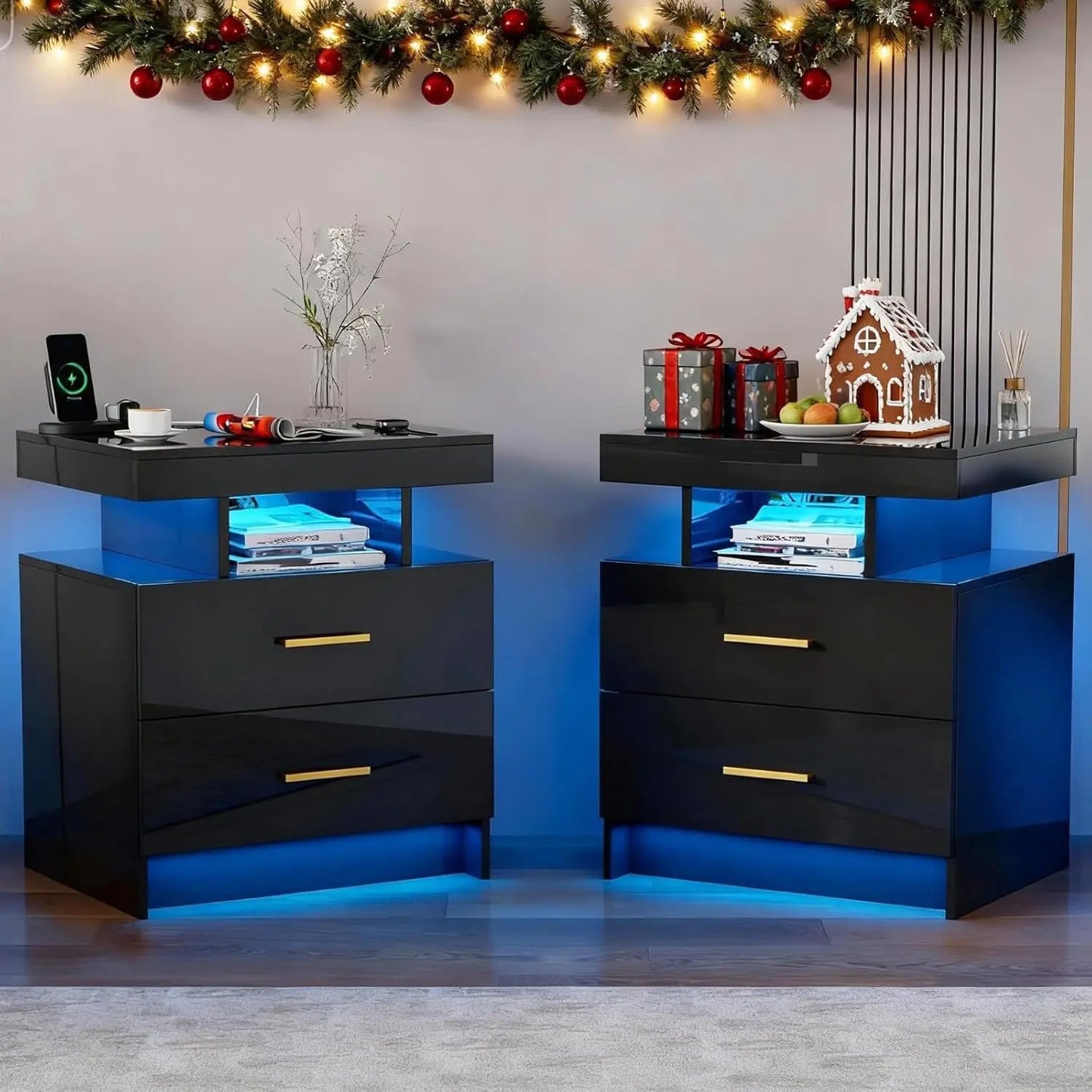 Black Night Stand Set 2 Modern Bedside Tables with Wireless Charging 3 Drawers Glass Top Smart Customized End Side Table