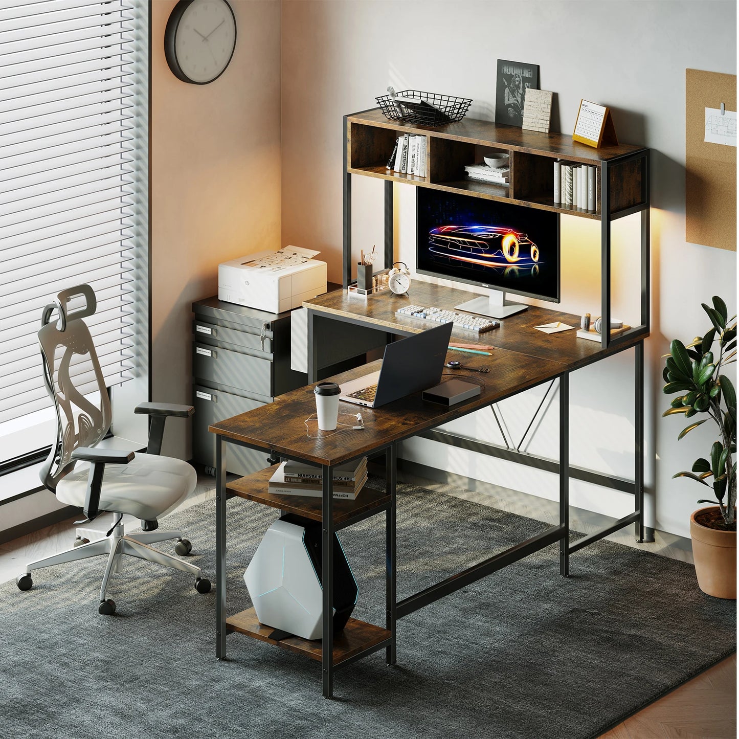JHK 67" L Shaped Gaming Desk Corner Desks for Compact Spaces with Keyboard Tray Storage Shelf Reversible Computer Desk with LED Lighting Metal Frame PC Gaming Table for Home Office