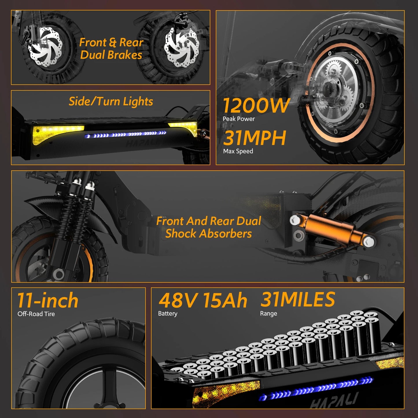 Off Road Electric Scooter, 1200W Motor, 31 Miles Range, 31 MPH, 11" All Terrain Tire, E-Scooter for Adults with Double Suspension & Side Light Disc Brakes