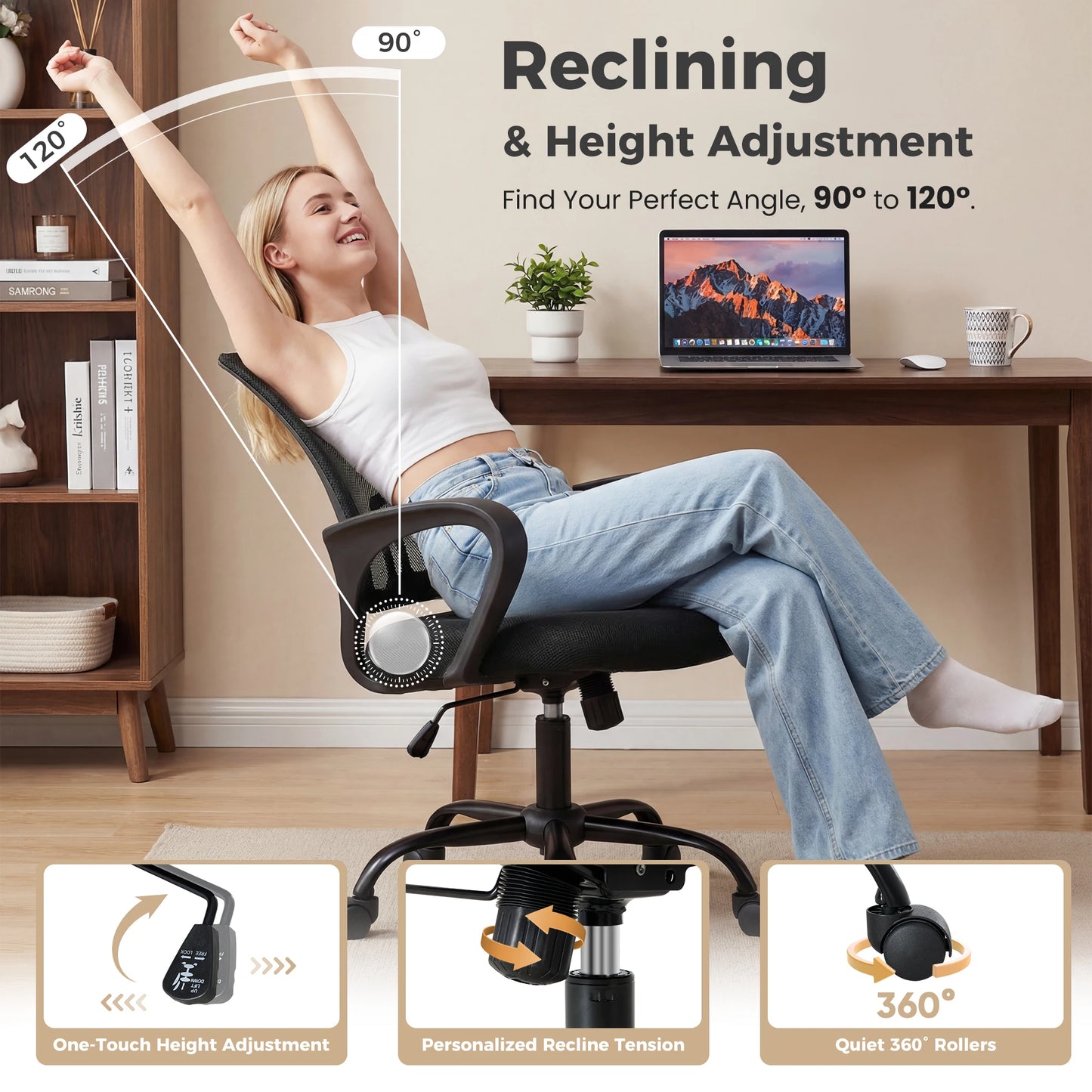 JHK Ergonomic Office Desk Gaming Chair Mid Back with Lumbar Support Rocking Mode Height Adjustable with Fixed Armrest For Office