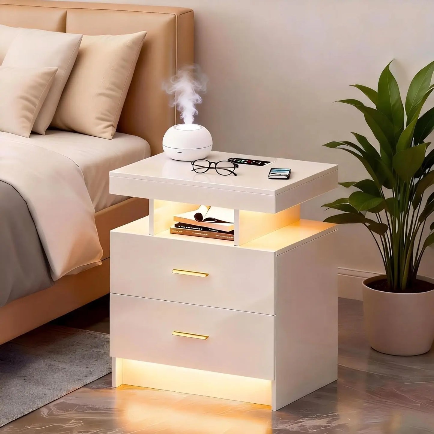 Black Night Stand Set 2 Modern Bedside Tables with Wireless Charging 3 Drawers Glass Top Smart Customized End Side Table