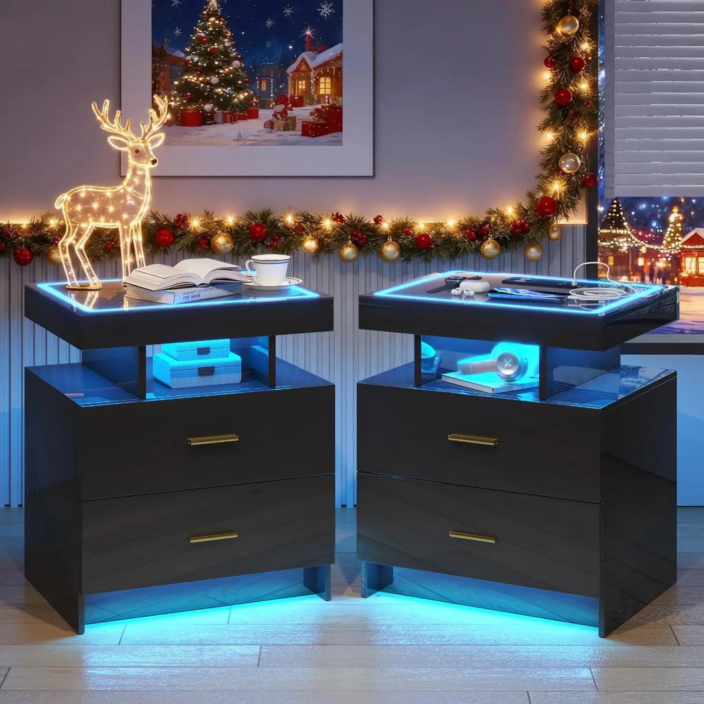 Black Night Stand Set 2 Modern Bedside Tables with Wireless Charging 3 Drawers Glass Top Smart Customized End Side Table