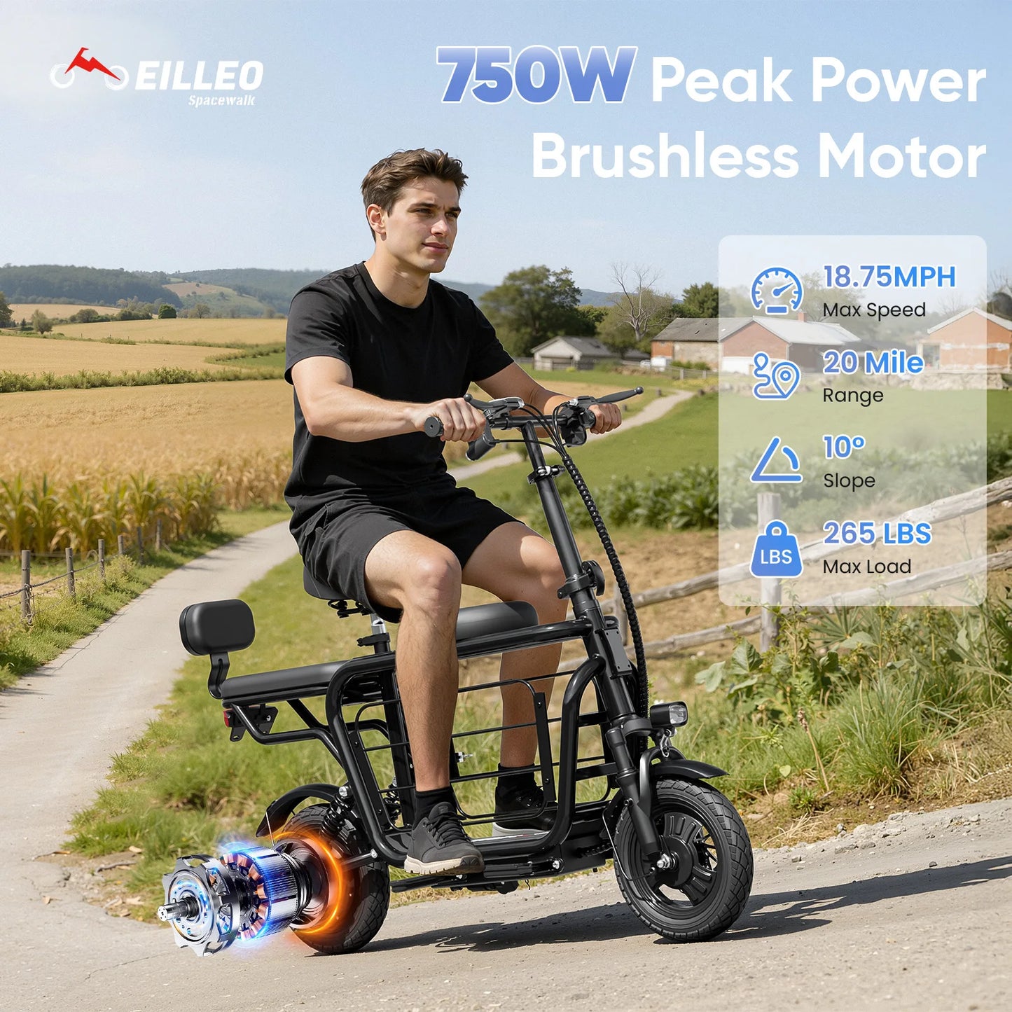 Eilleo Spacewalk 48V Electric Scooter for Adults with Large Pet Basket 750W Motor,18.75MPH Foldable Commuter E-Scooter with Seat