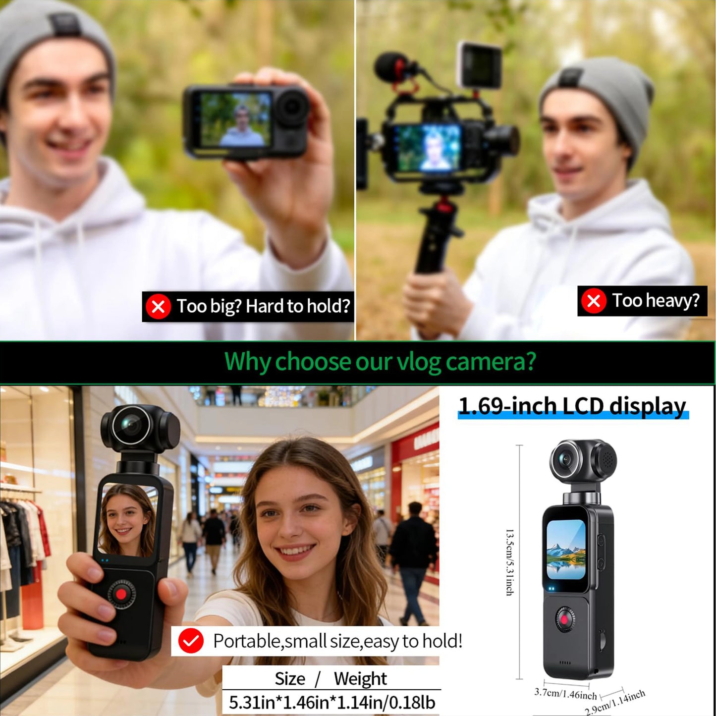 5K HD Handheld Camera 270° Rotation Lens Touchscreen Action Camera Anti-shake Autofocus Vlogging Camcorder for Travel Blogging